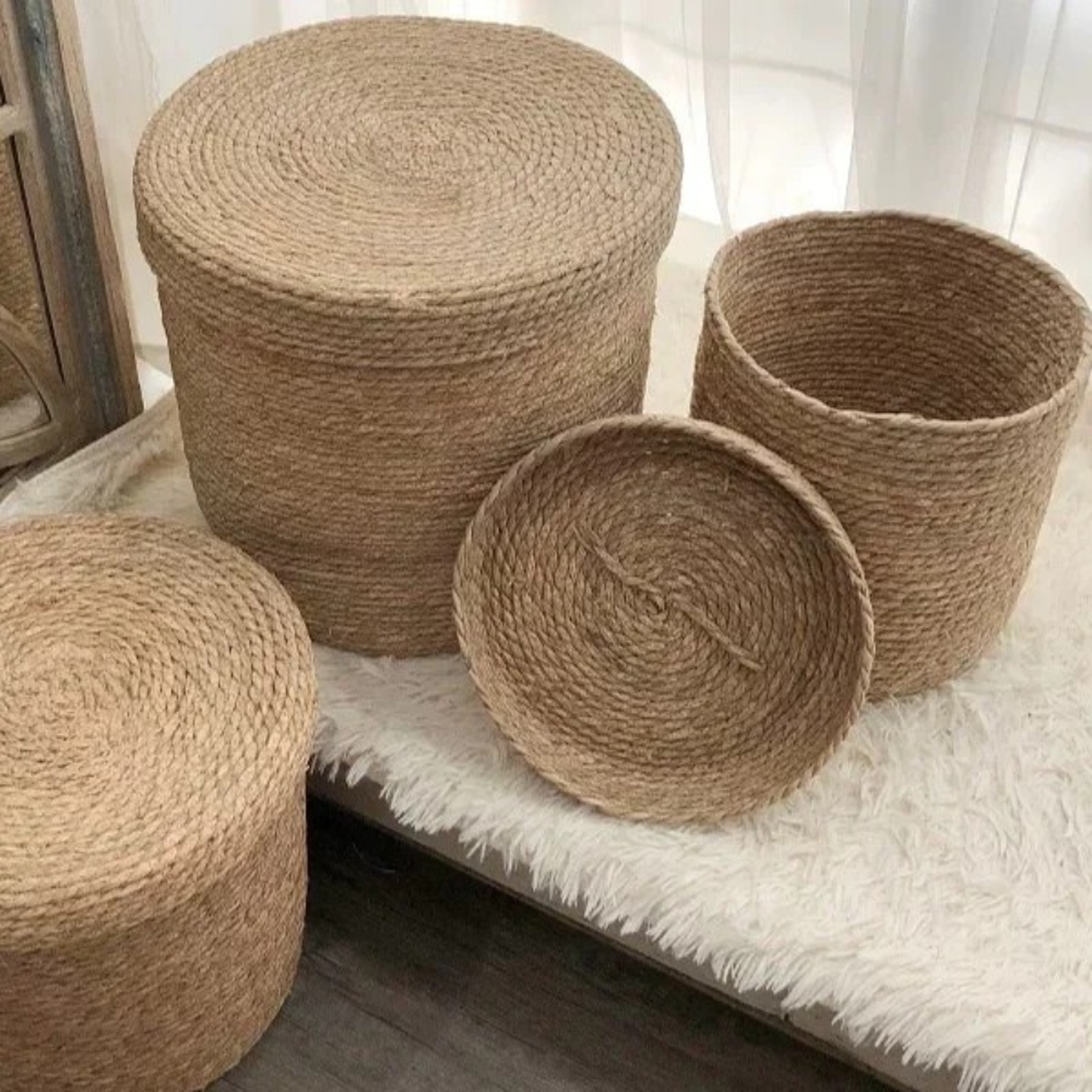 Set 3 Canastos Cesta De Yute Tejida Con Tapa Acabado Rustico-1