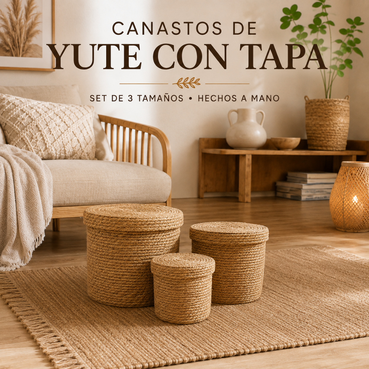 Set 3 Canastos Cesta De Yute Tejida Con Tapa Acabado Rustico-2
