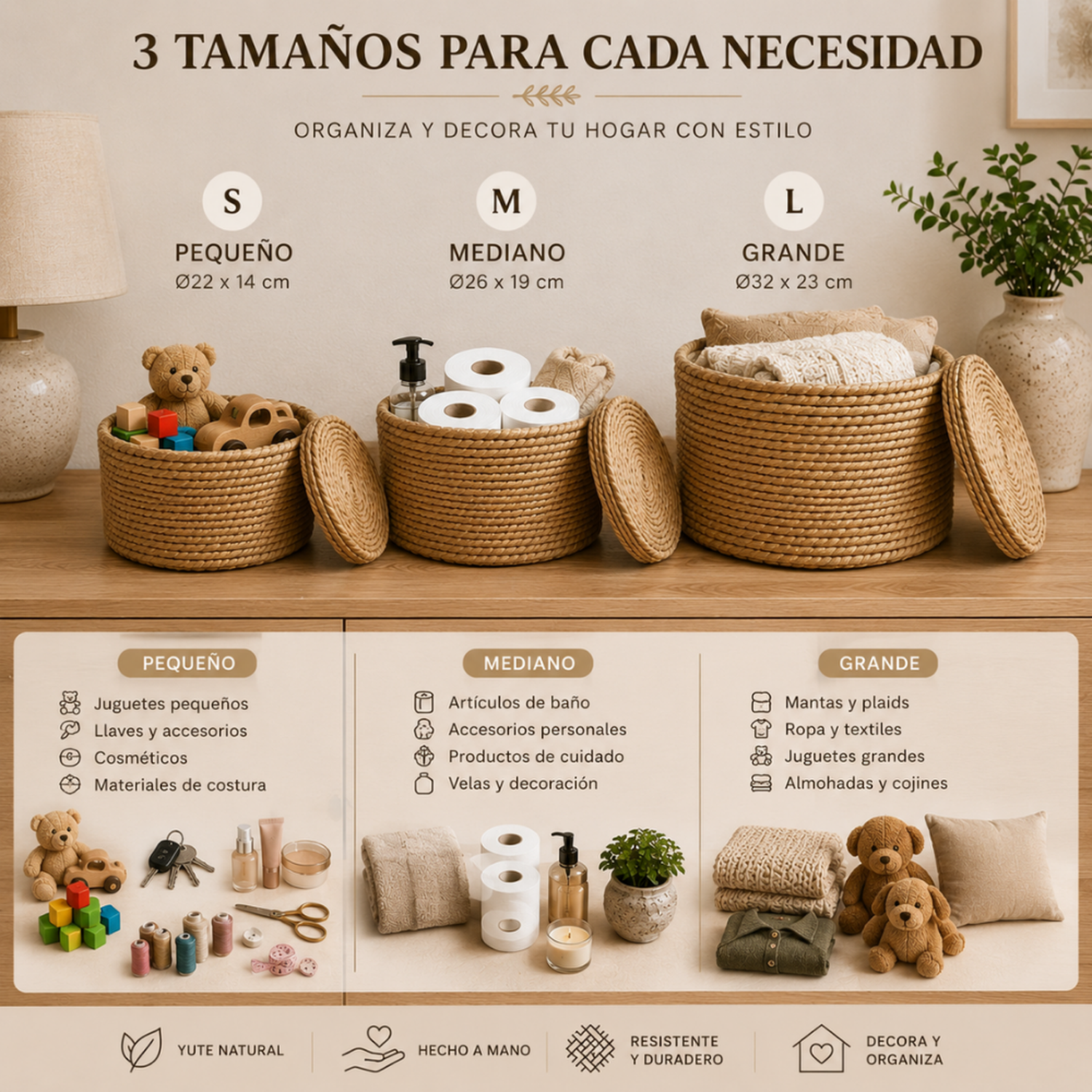 Set 3 Canastos Cesta De Yute Tejida Con Tapa Acabado Rustico-5