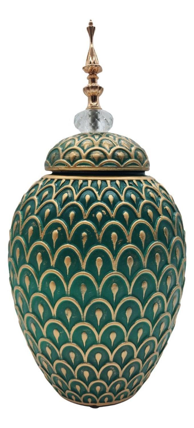 Florero Jarron Ceramica Verde Dorado Diseño Vintage Grande-0