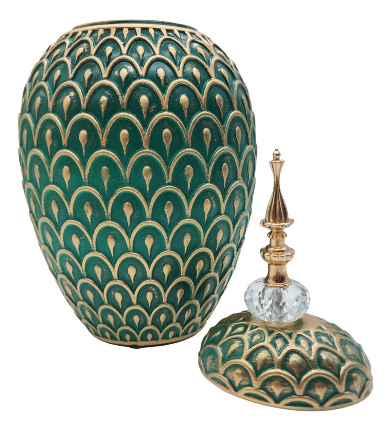 Florero Jarron Ceramica Verde Dorado Diseño Vintage Grande-2