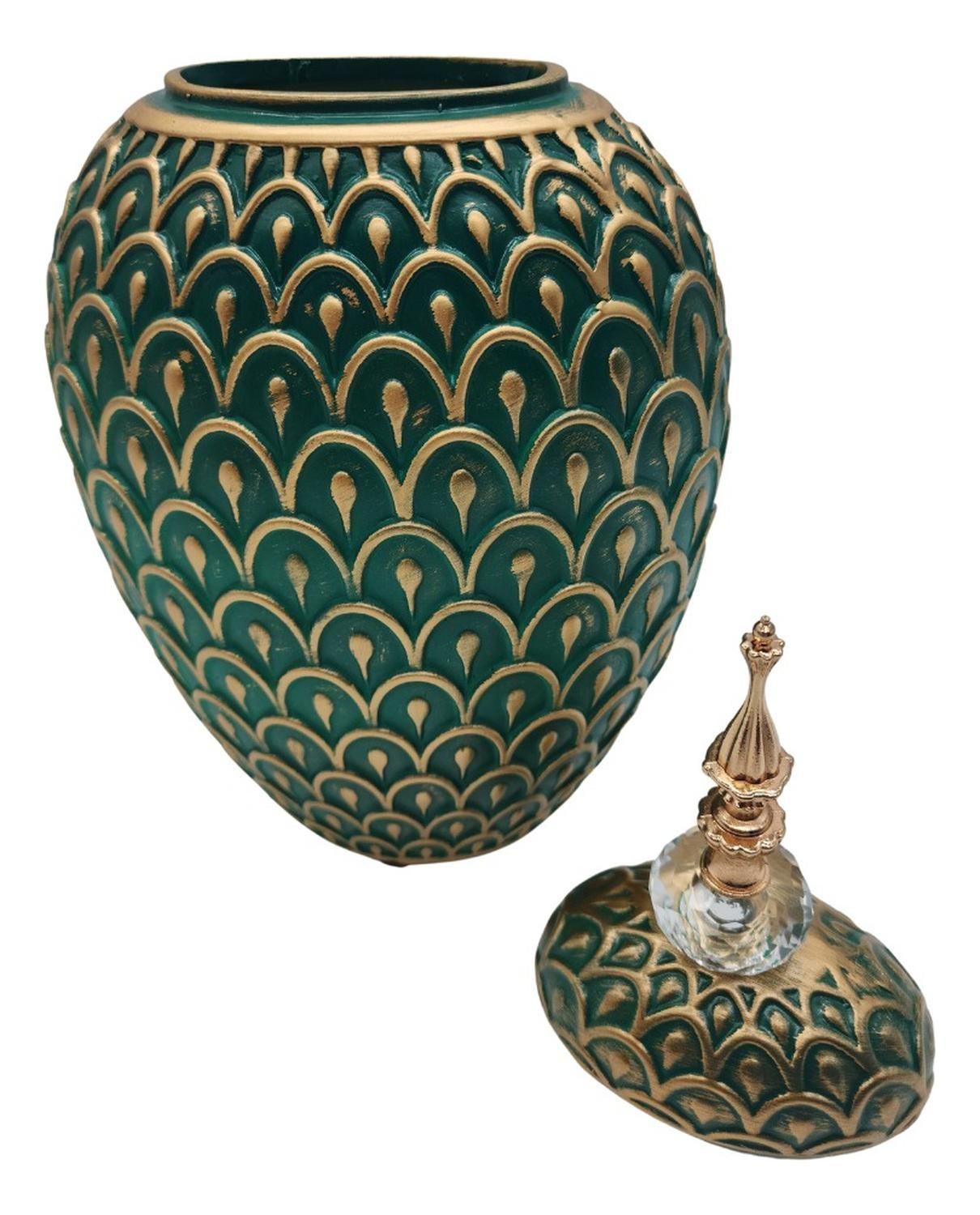 Florero Jarron Ceramica Verde Dorado Diseño Vintage Grande-3