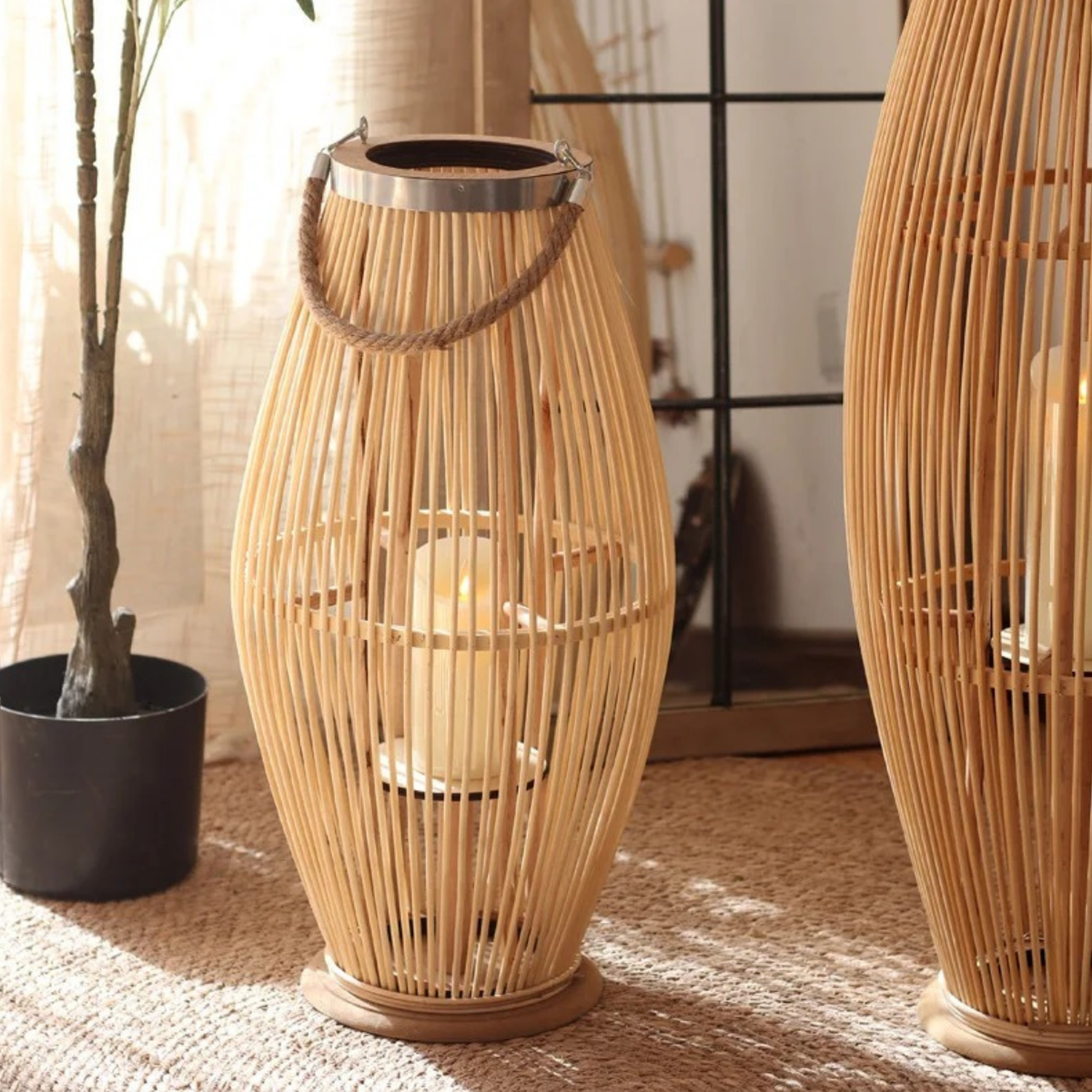 Candelabro De Bambu Natural Porta Vela Nordico Farol 60 CM-3