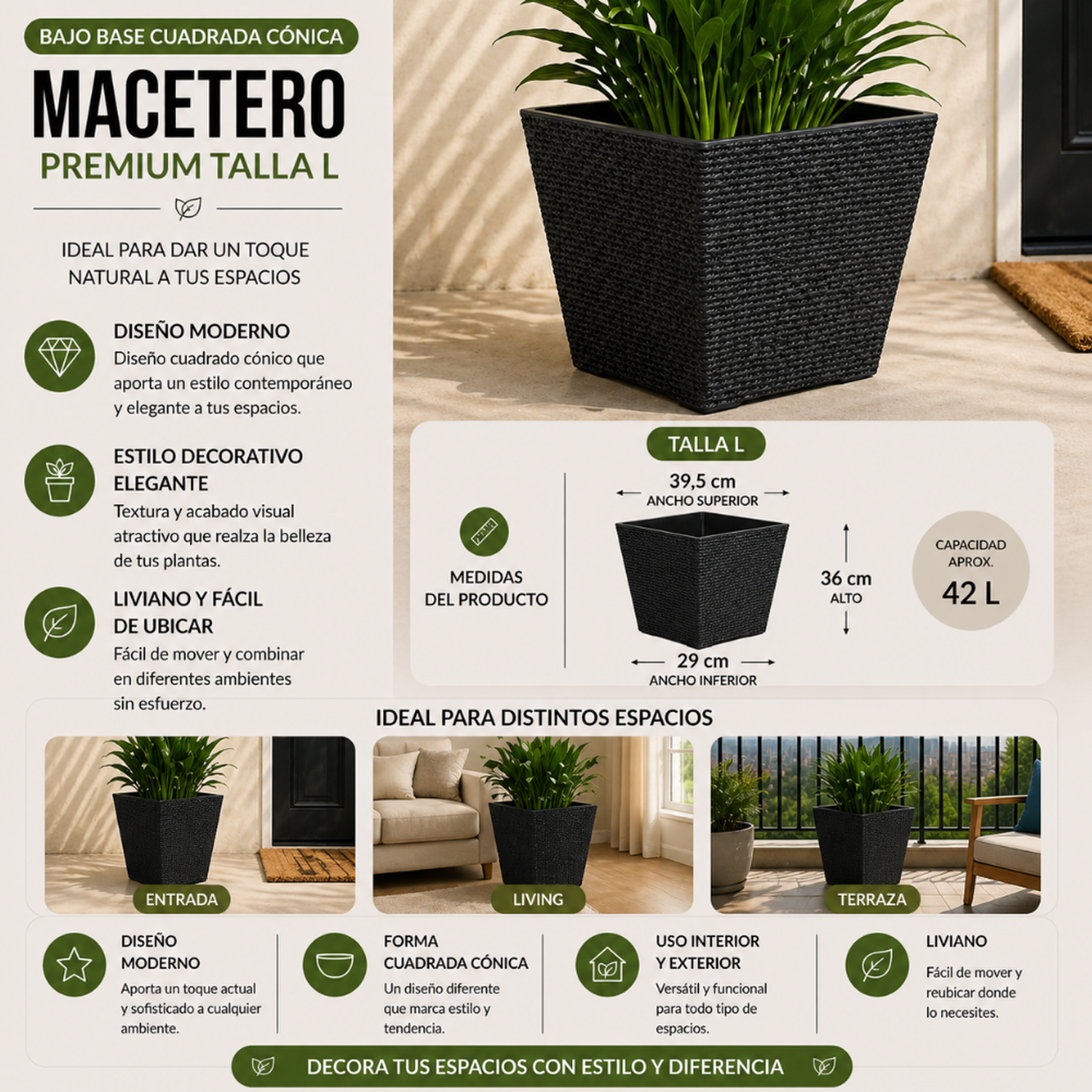Set 2 Macetero Plastico Bajo Premium Base Cuadrada Conica L-4