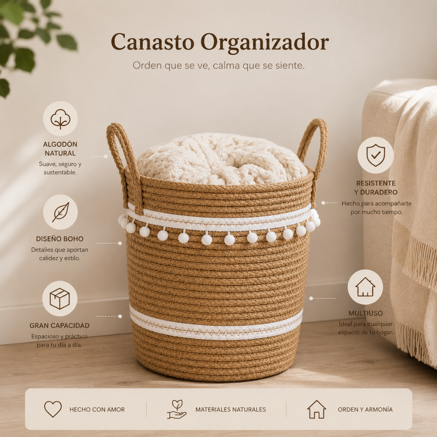 Set 2 Canastos Cesta Yute Diseño Algodón Tejido Rustico-3