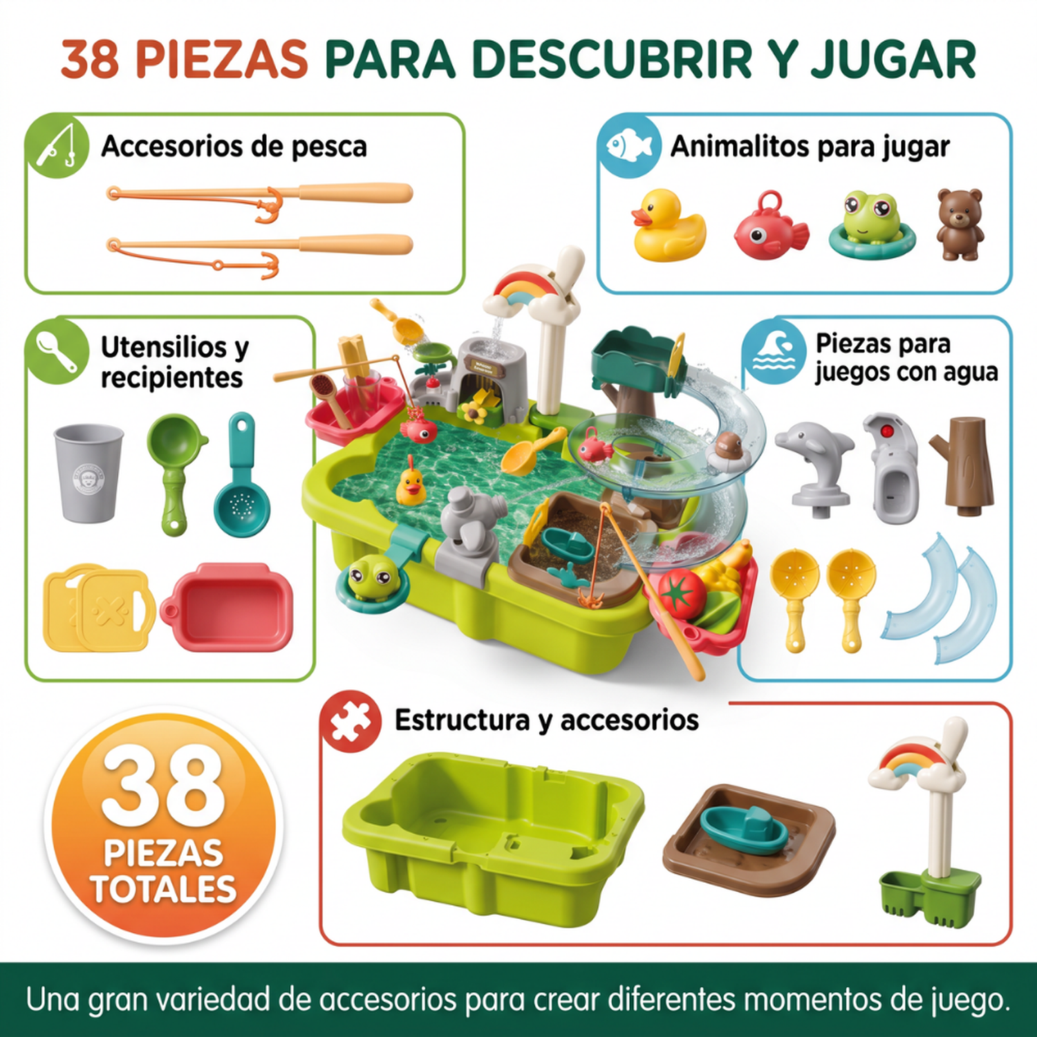 Mesa De Agua Infantil Con Llave Recirculante Tobogán Y Accesorios-4