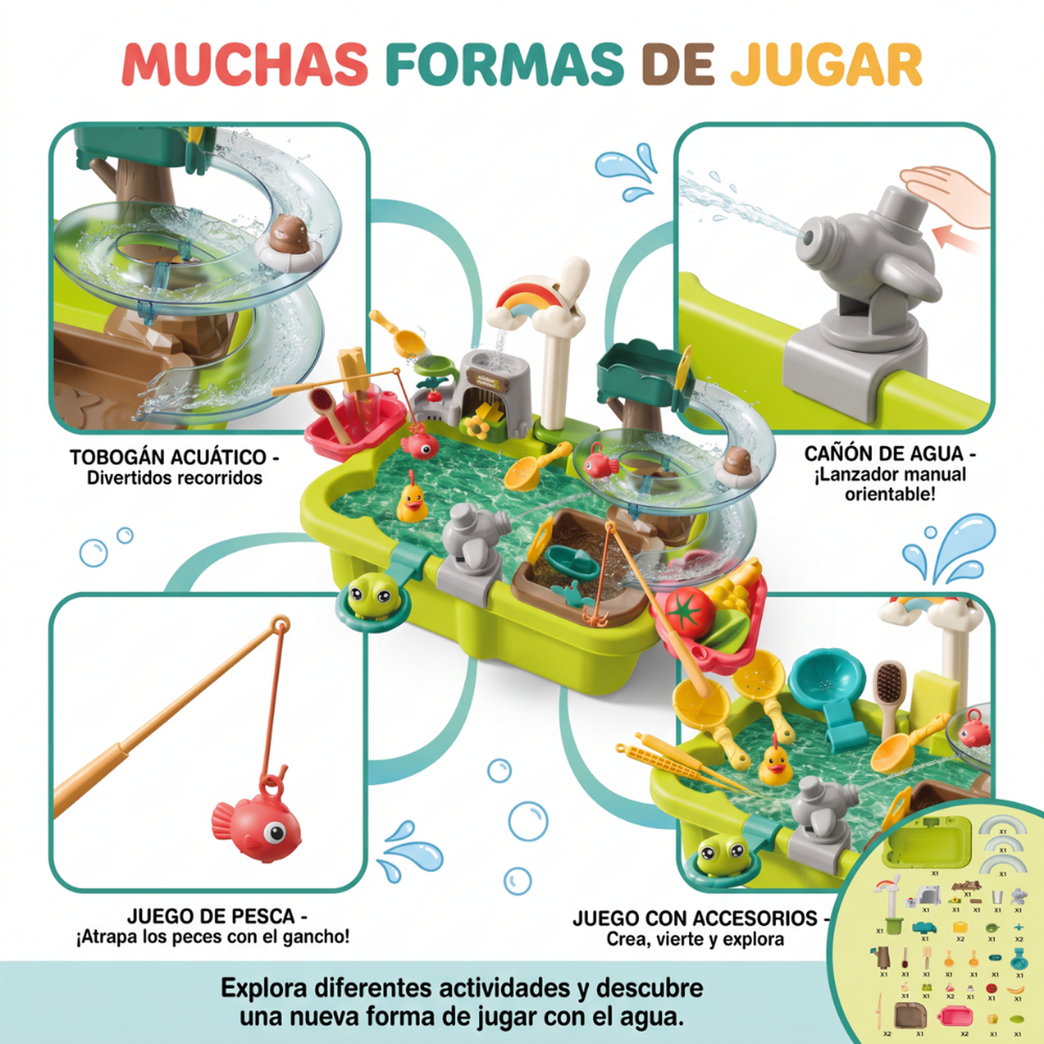 Mesa De Agua Infantil Con Llave Recirculante Tobogán Y Accesorios-5