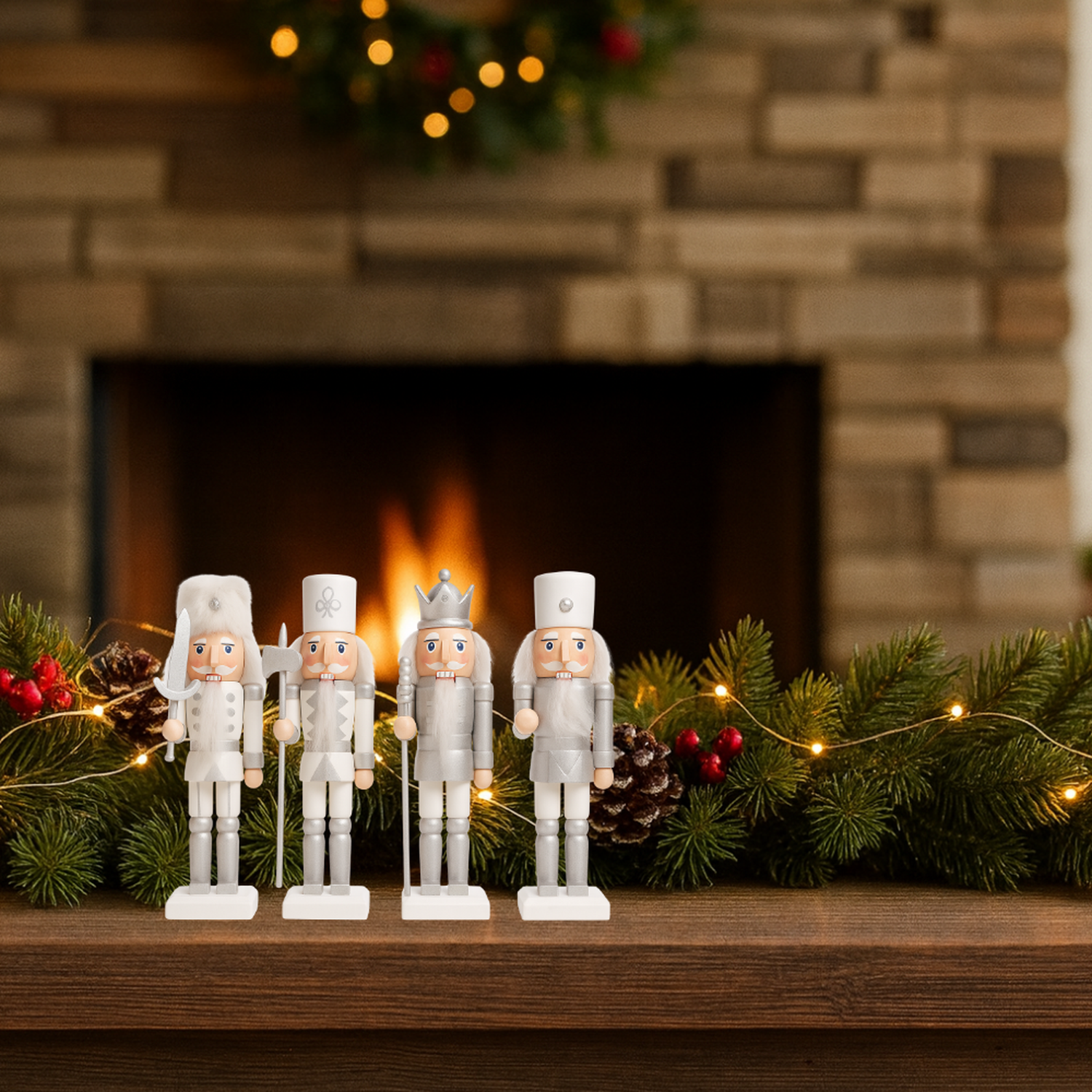 Set 4 Muñecos Cascanueces Madera 13 Cm Adorno Navideño-3