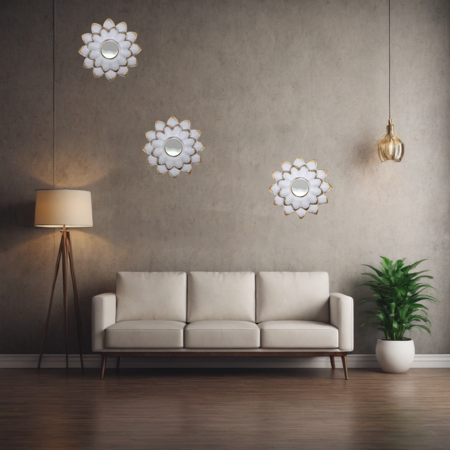 Set 3 Marcos De Espejos Flor De Loto Decorativo Blanco Deco-4