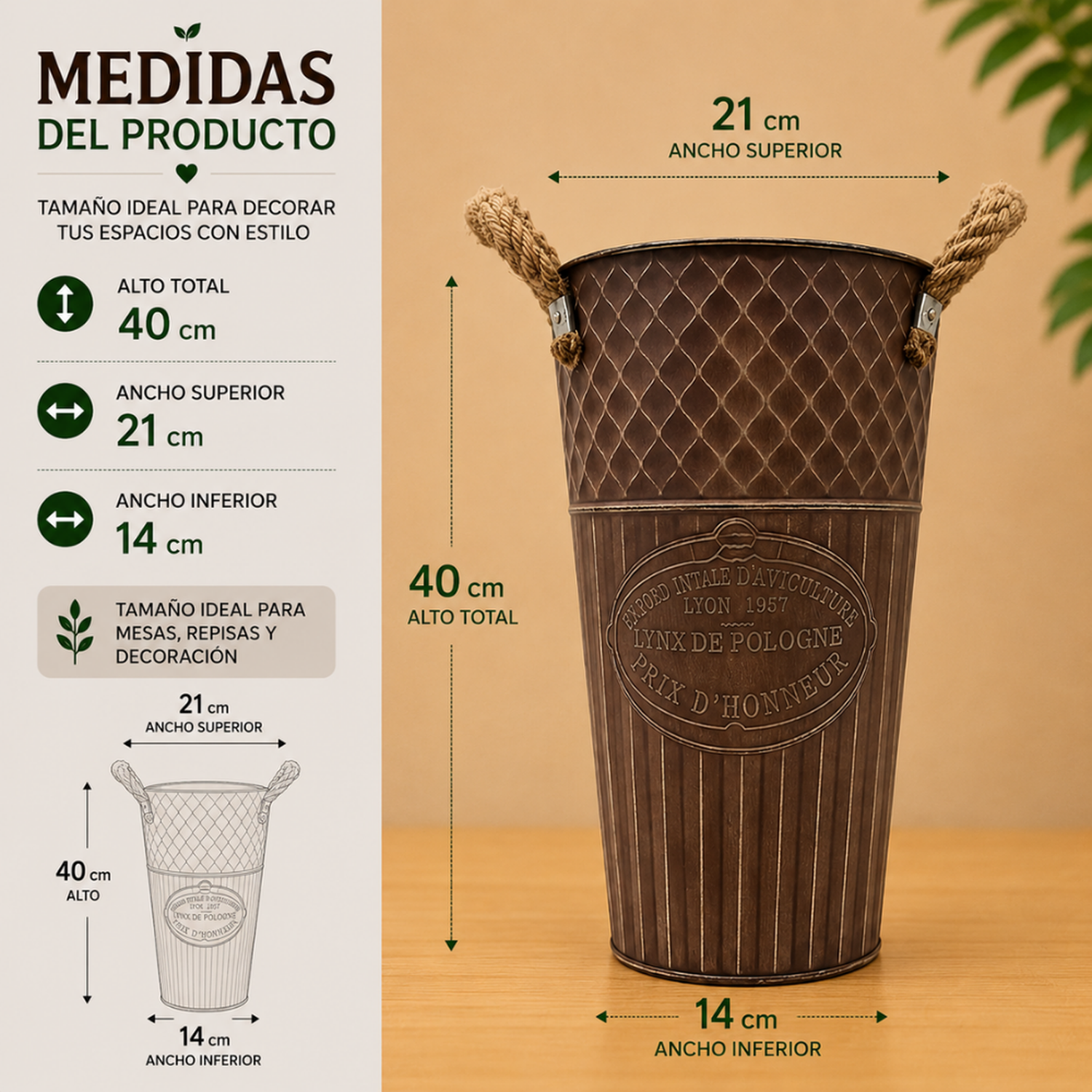 Set 2 Macetero Metalico Decorativo Cafe Vintage Florero L-6