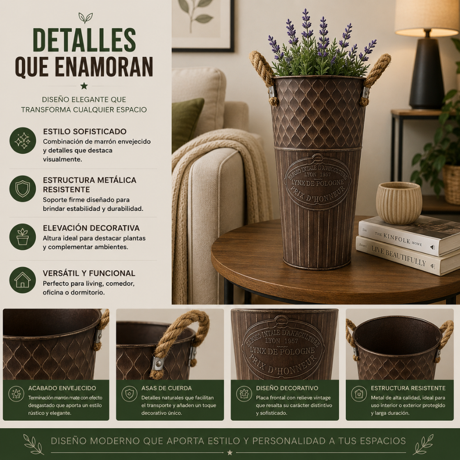 Set 2 Macetero Metalico Decorativo Cafe Vintage Florero S-3