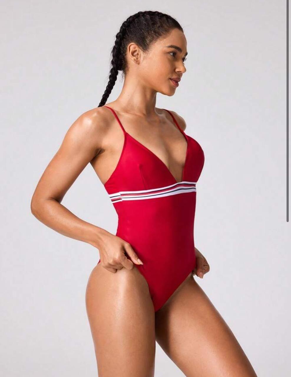 Traje de Baño Mujer Una Pieza Rojo Escote V-2