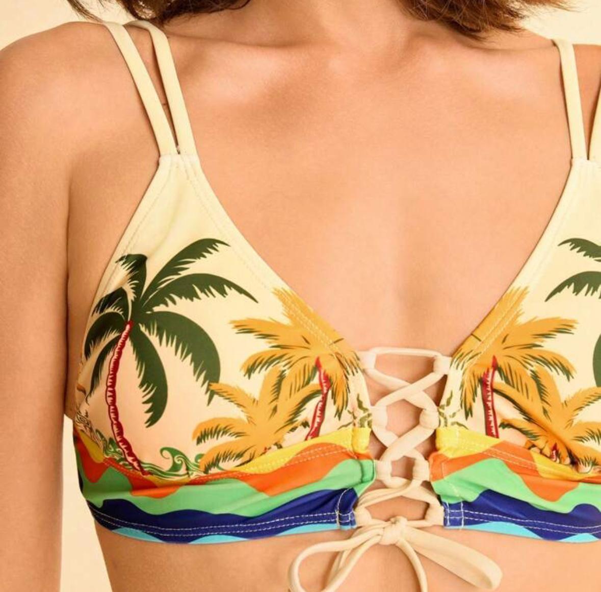 Traje de Baño Conjunto de  Bikini Estampado Tropical con Nudo Frontal-3