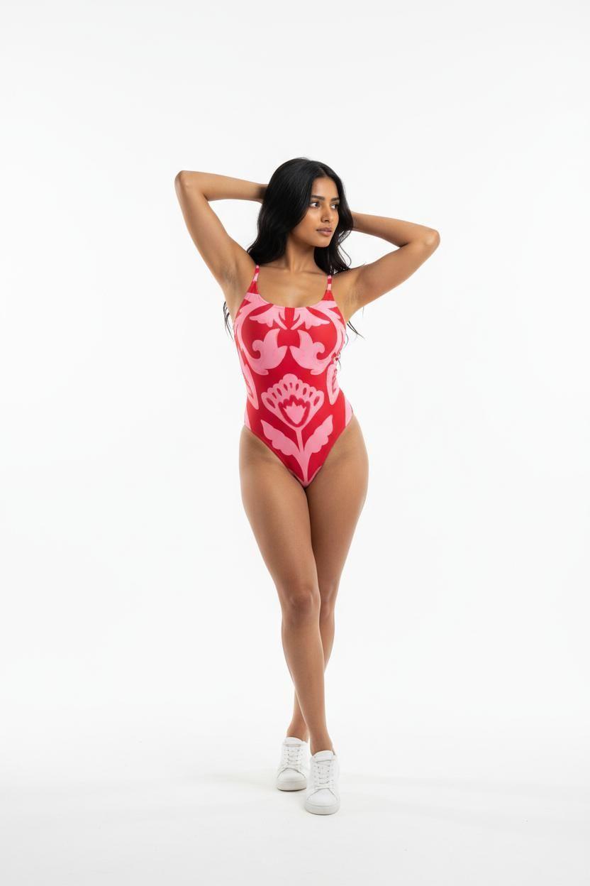Traje de Baño Mujer Una pieza Estampado rojo-3