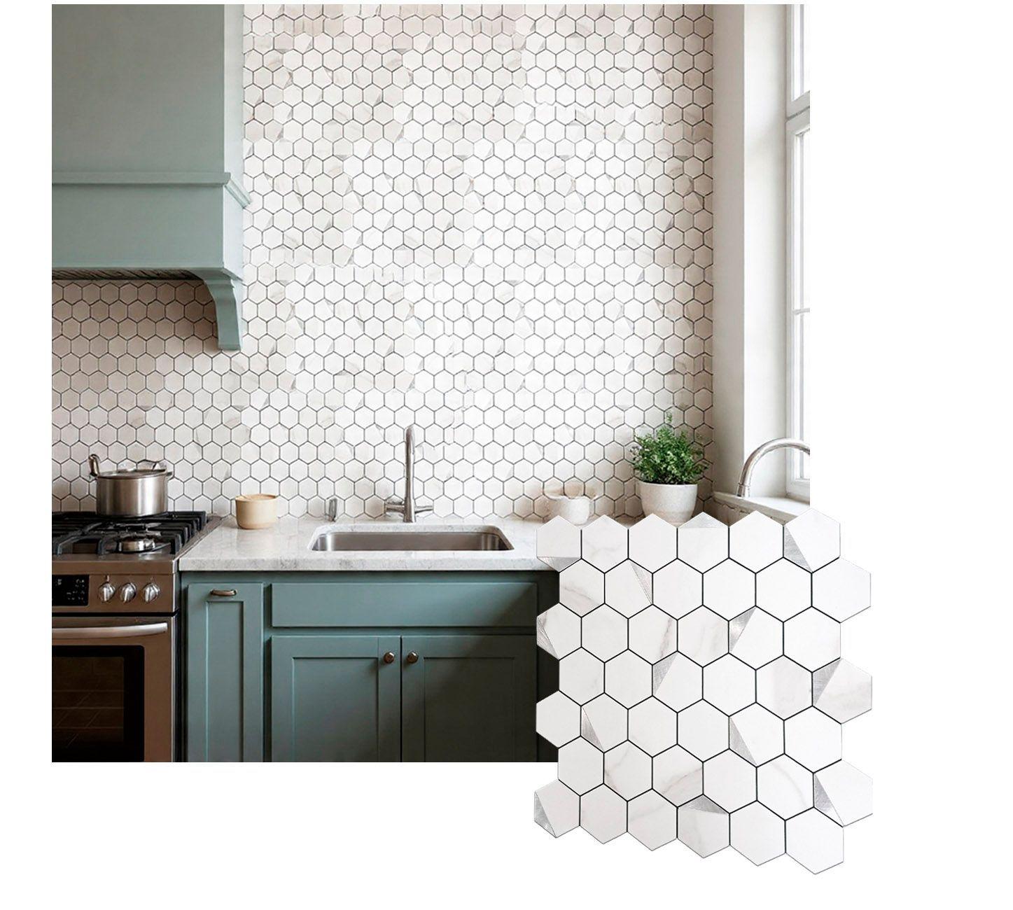 Mosaico Salpicadero Autoadhesivo PVC Aluminio Panal M rmol Plata 312x32cm-0