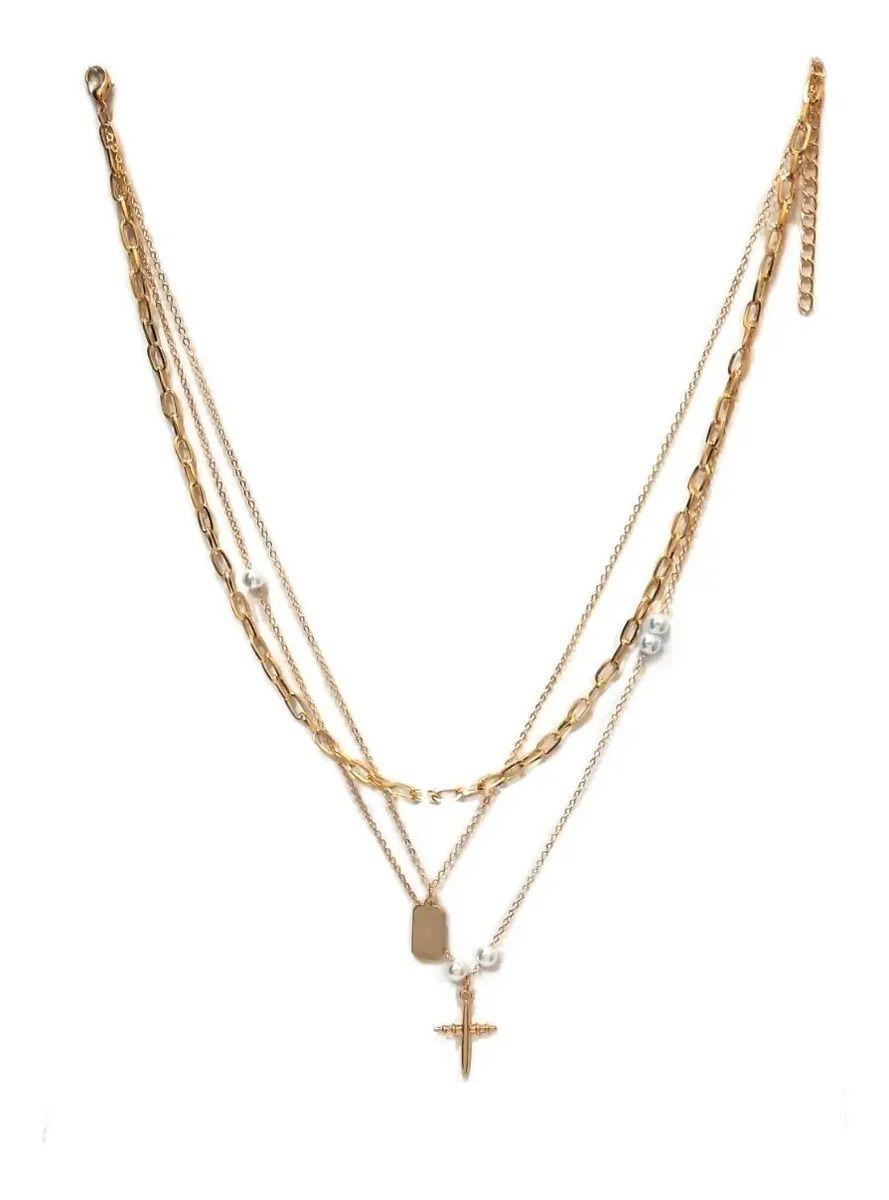 Collar Cadena Triple Eslabones Cruz Y Perlas-1