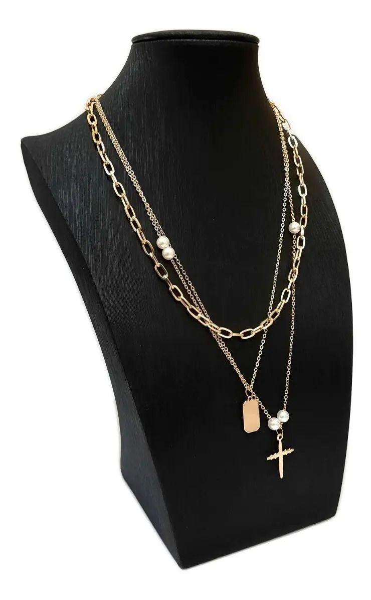 Collar Cadena Triple Eslabones Cruz Y Perlas-2