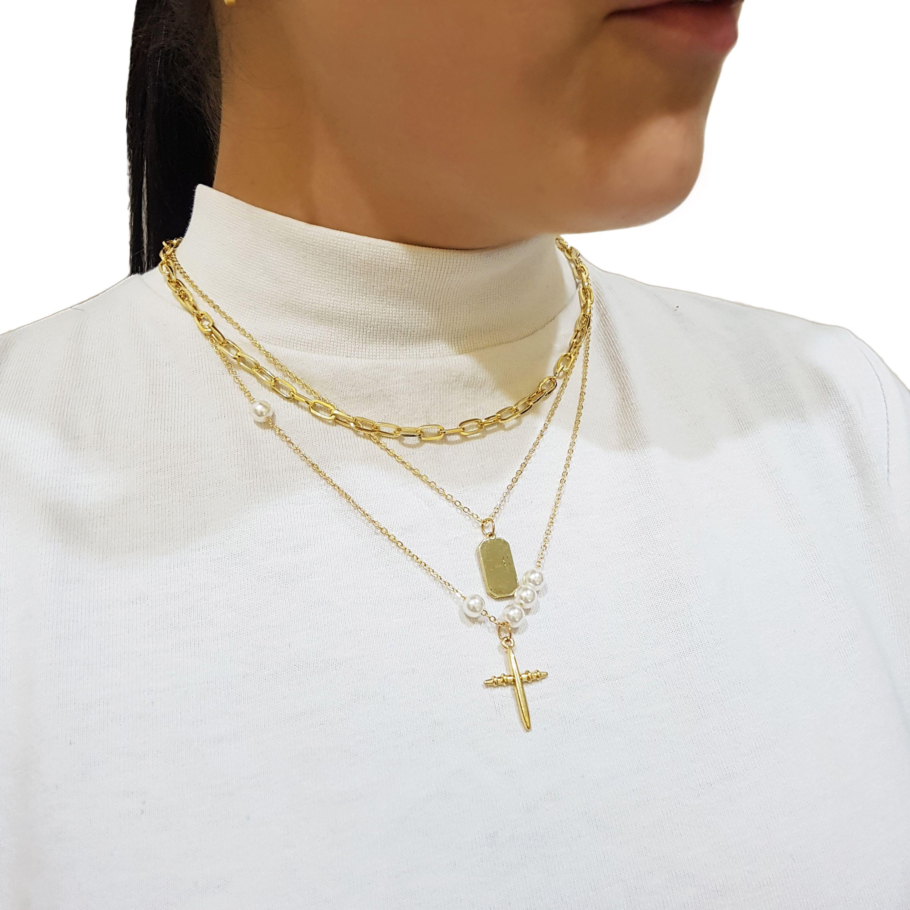 Collar Cadena Triple Eslabones Cruz Y Perlas-4