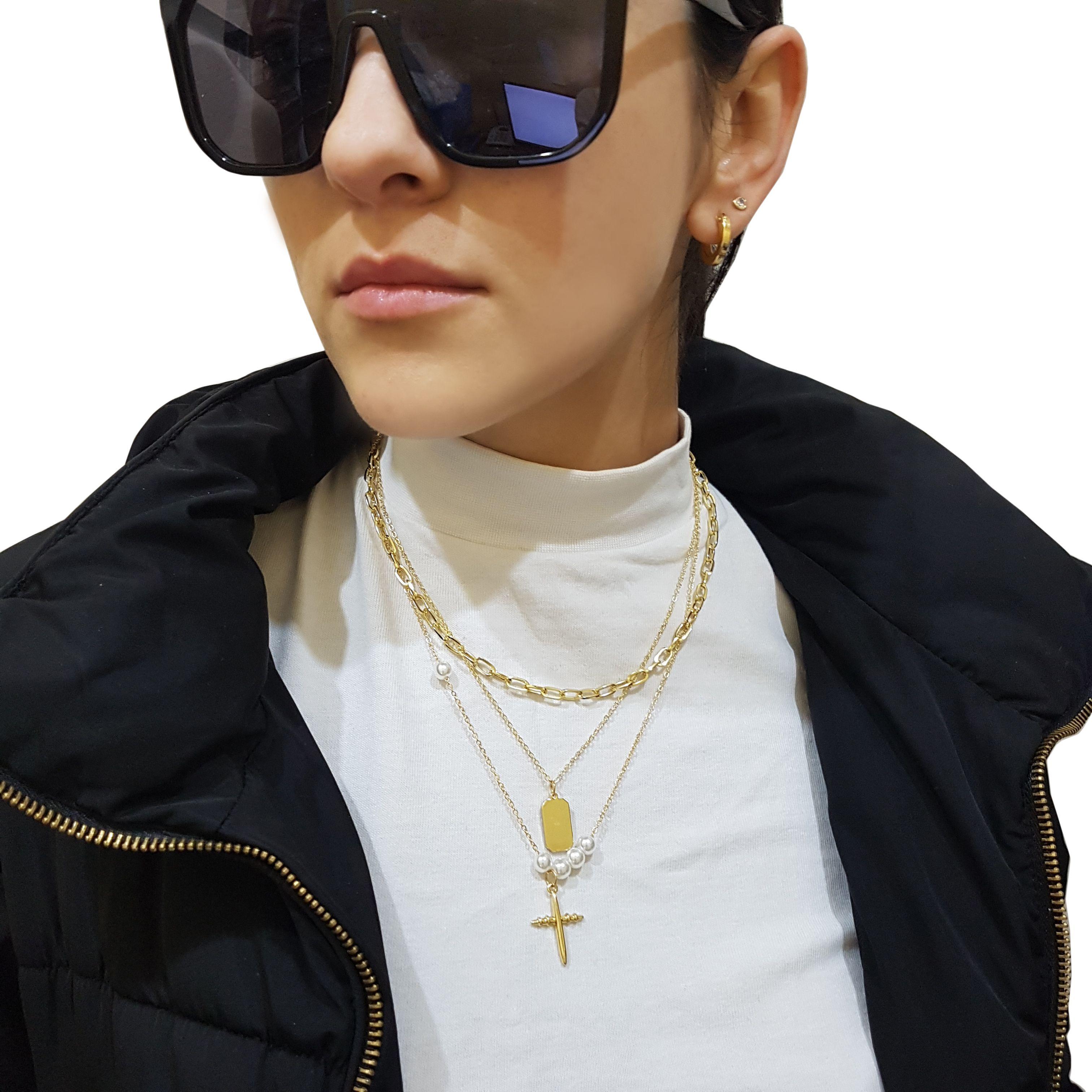 Collar Cadena Triple Eslabones Cruz Y Perlas-7