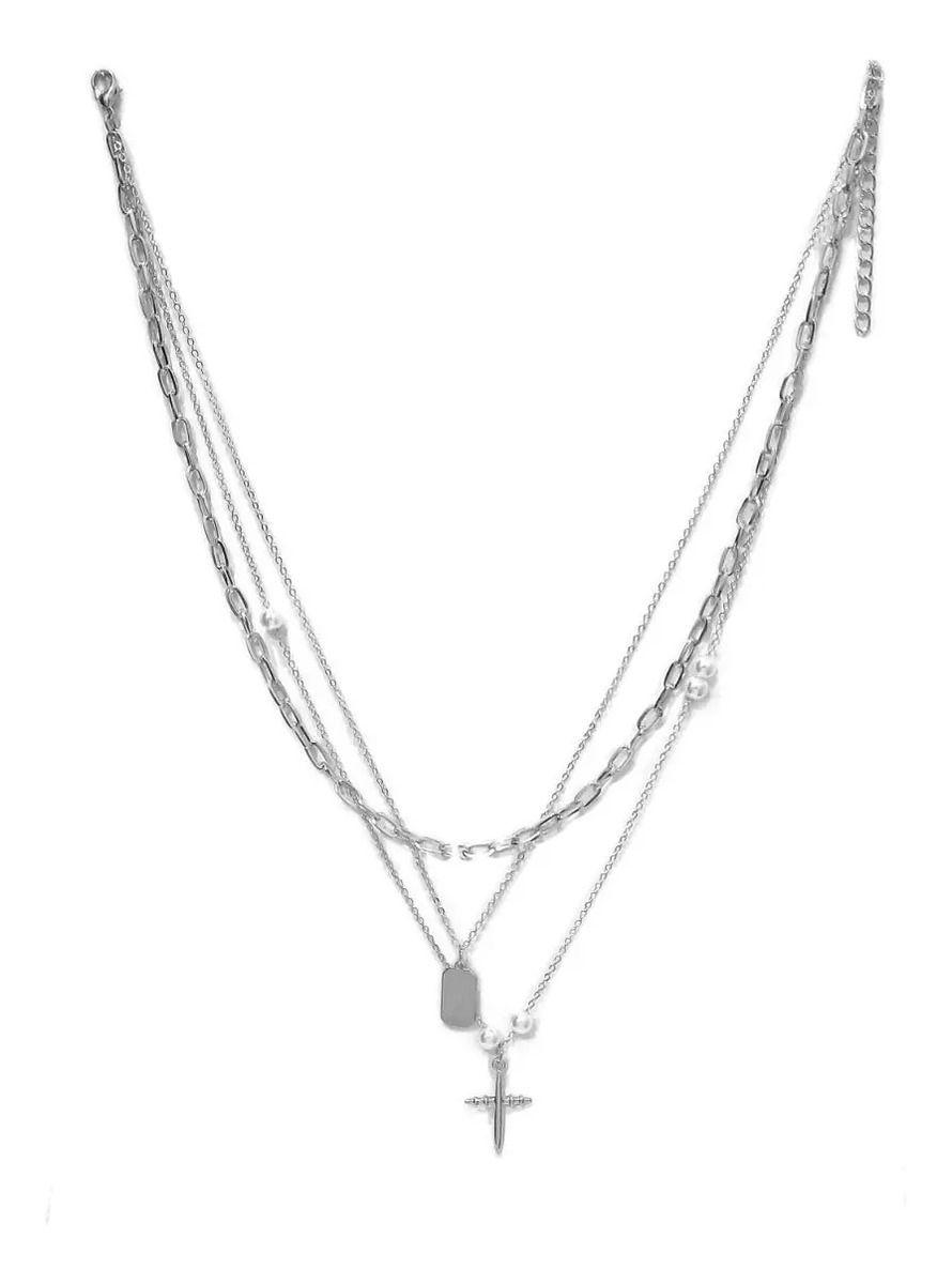 Collar Cadena Triple Eslabones Cruz Y Perlas-0