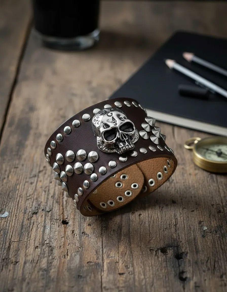 Brazalete Cuero Hombre Calavera-2