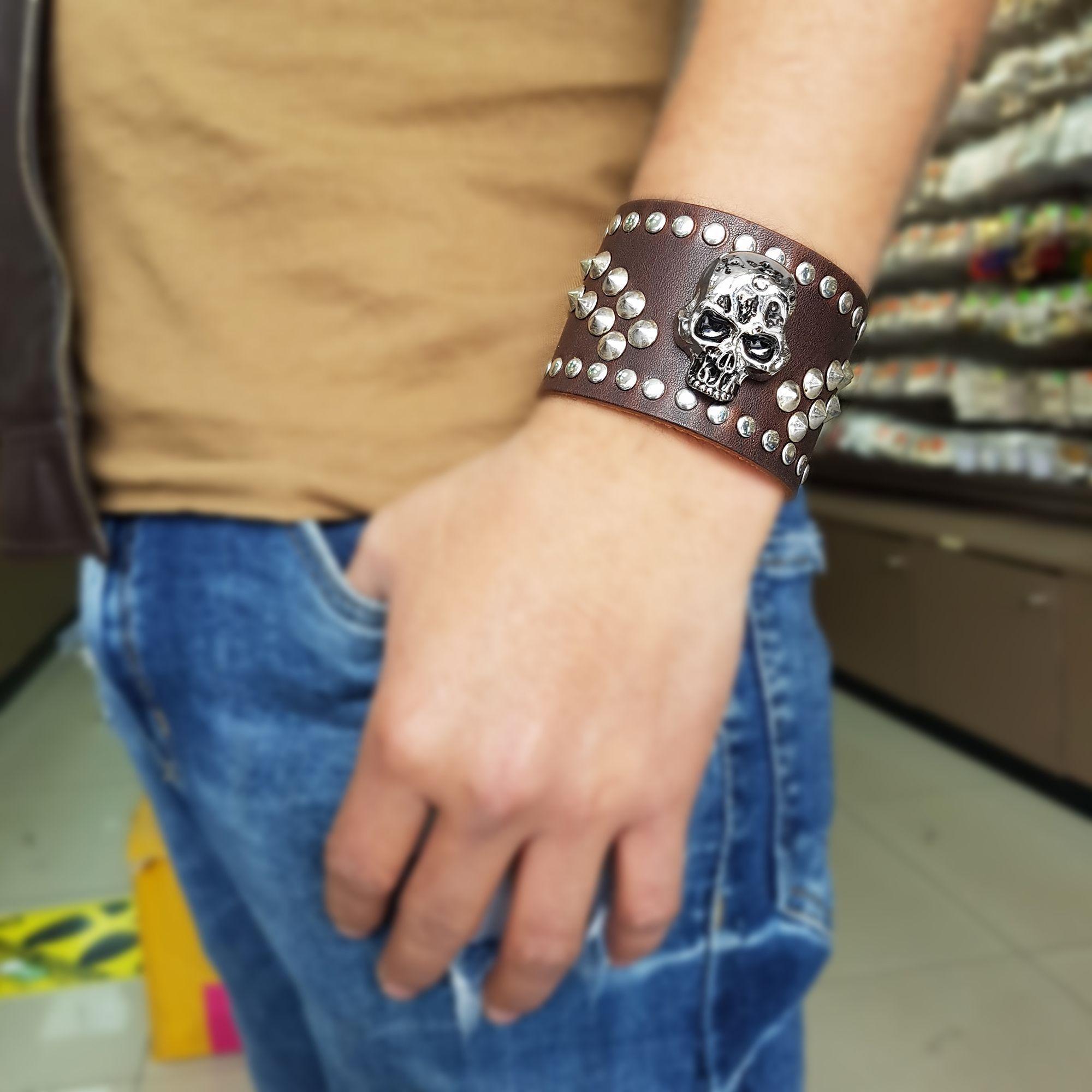 Brazalete Cuero Hombre Calavera-3