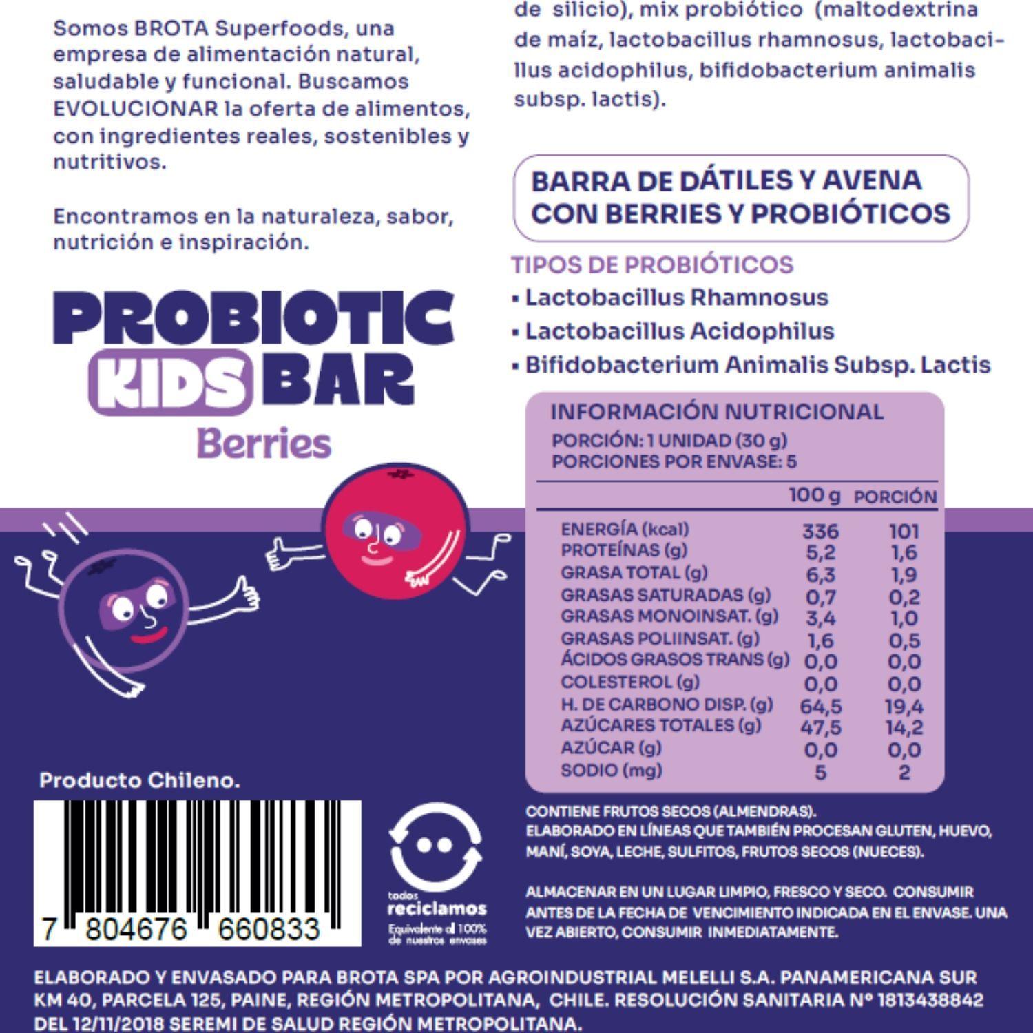Caja de 5 barritas colacion para ninos con probioticos sabor Berries Brota-2