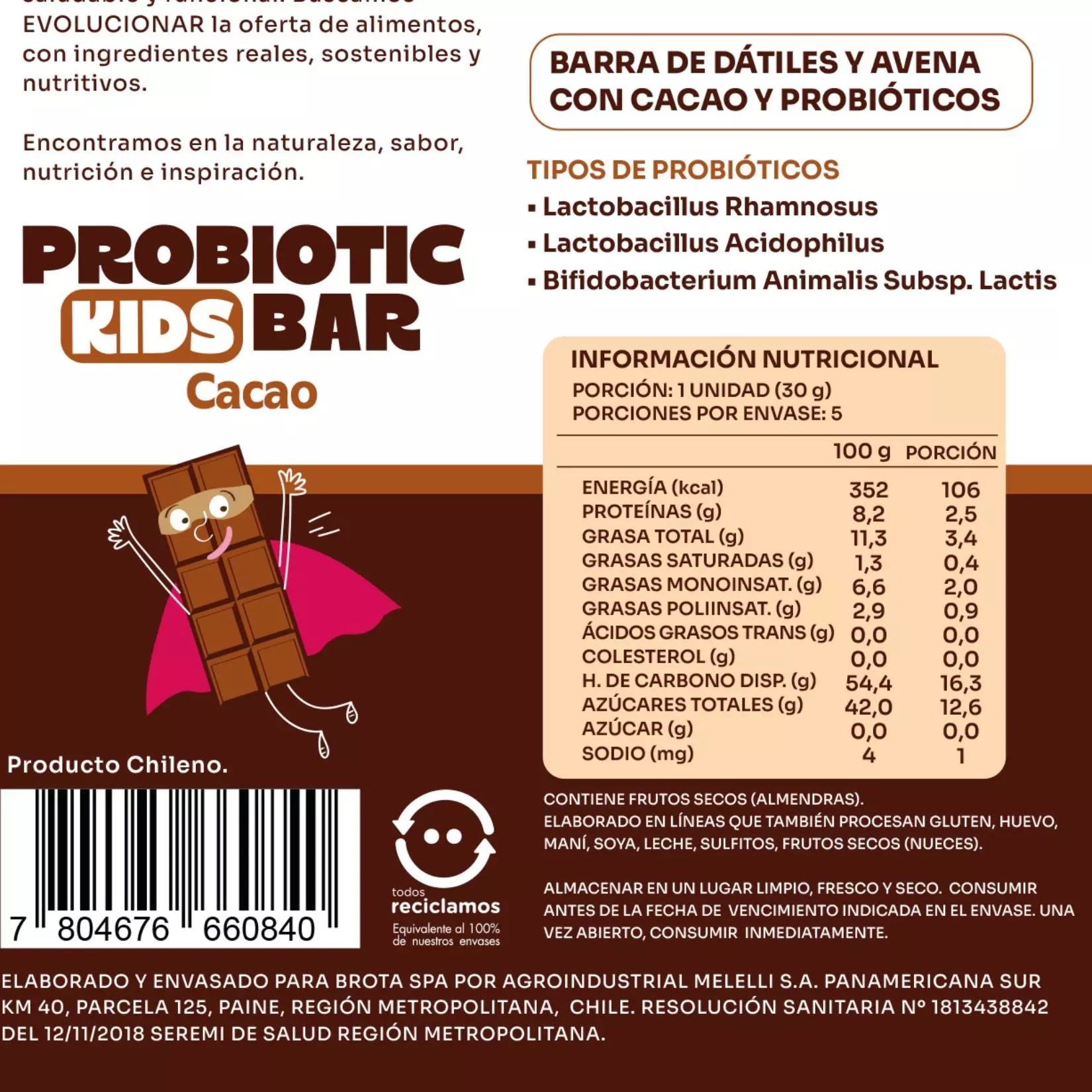 Caja de 5 barritas colacion para ninos con probioticos sabor Cacao Brota-2