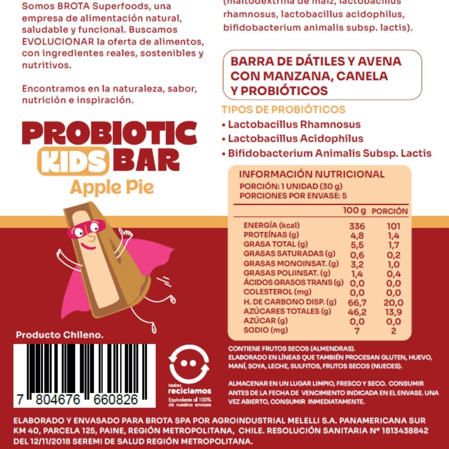 Caja de 5 barritas colacion para ninos con probioticos sabor Apple Pie Brota-2