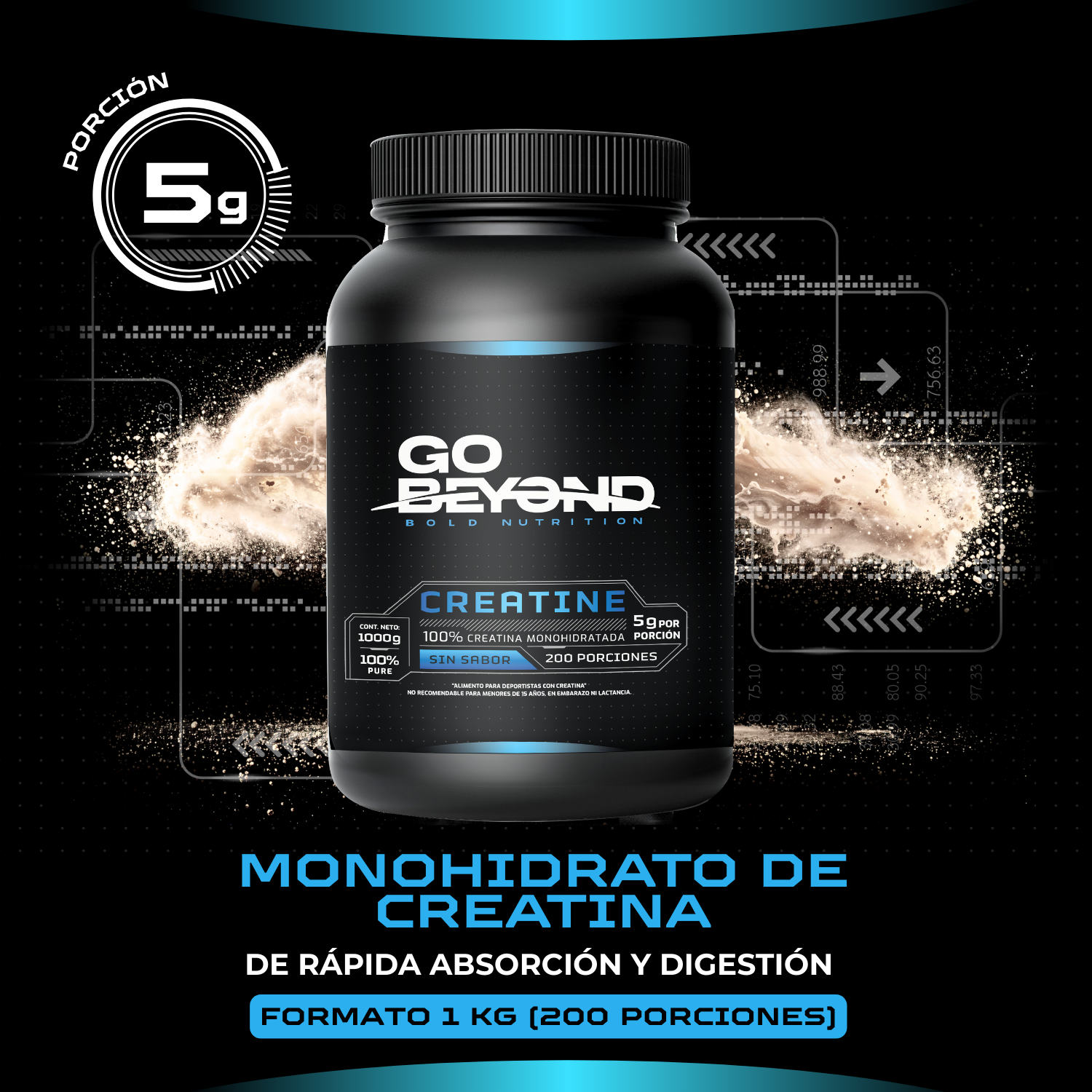 Creatina Monohidratada 1 Kg Sin Sabor Go Beyond 200 Servicios 5g Por Porcion-2