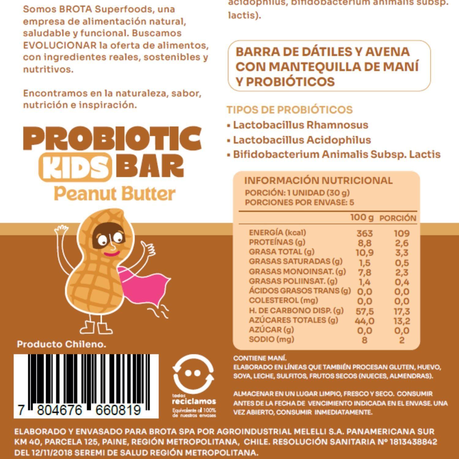 Caja de 5 barritas colacion para ninos con probioticos sabor Peanut Butter Brota-2