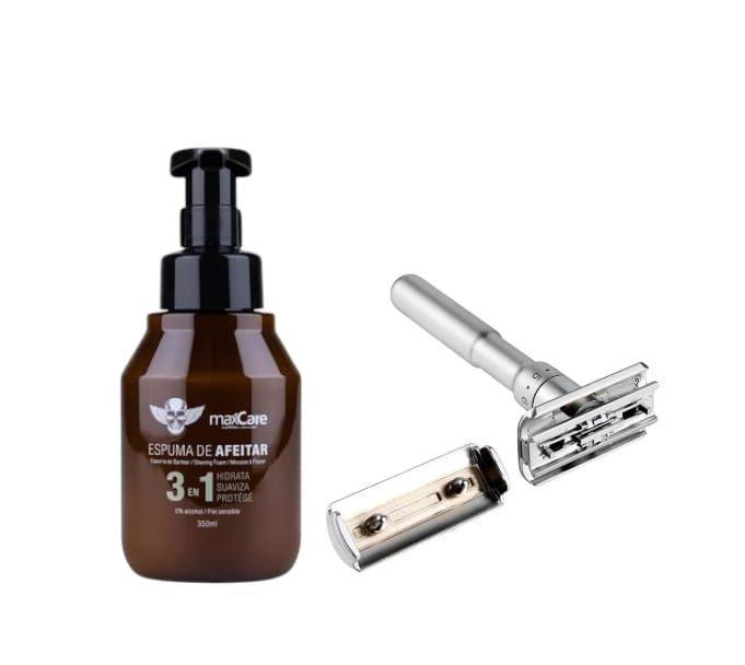 Kit Regalo Afeitado, Maquina de Afeitar Clasica de Acero Inoxidable + Espuma de Afeitar +10 Hojas-0