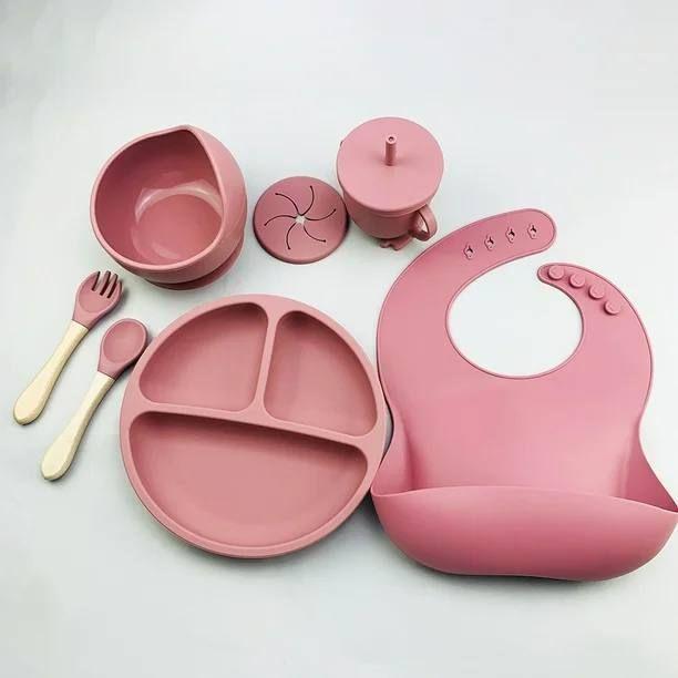 Kit De Alimentaci n For Beb s De Silicona Platos Baberos Coral Claro-0