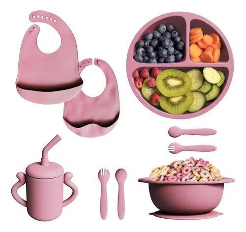 Kit De Alimentaci n For Beb s De Silicona Platos Baberos Coral Claro-4