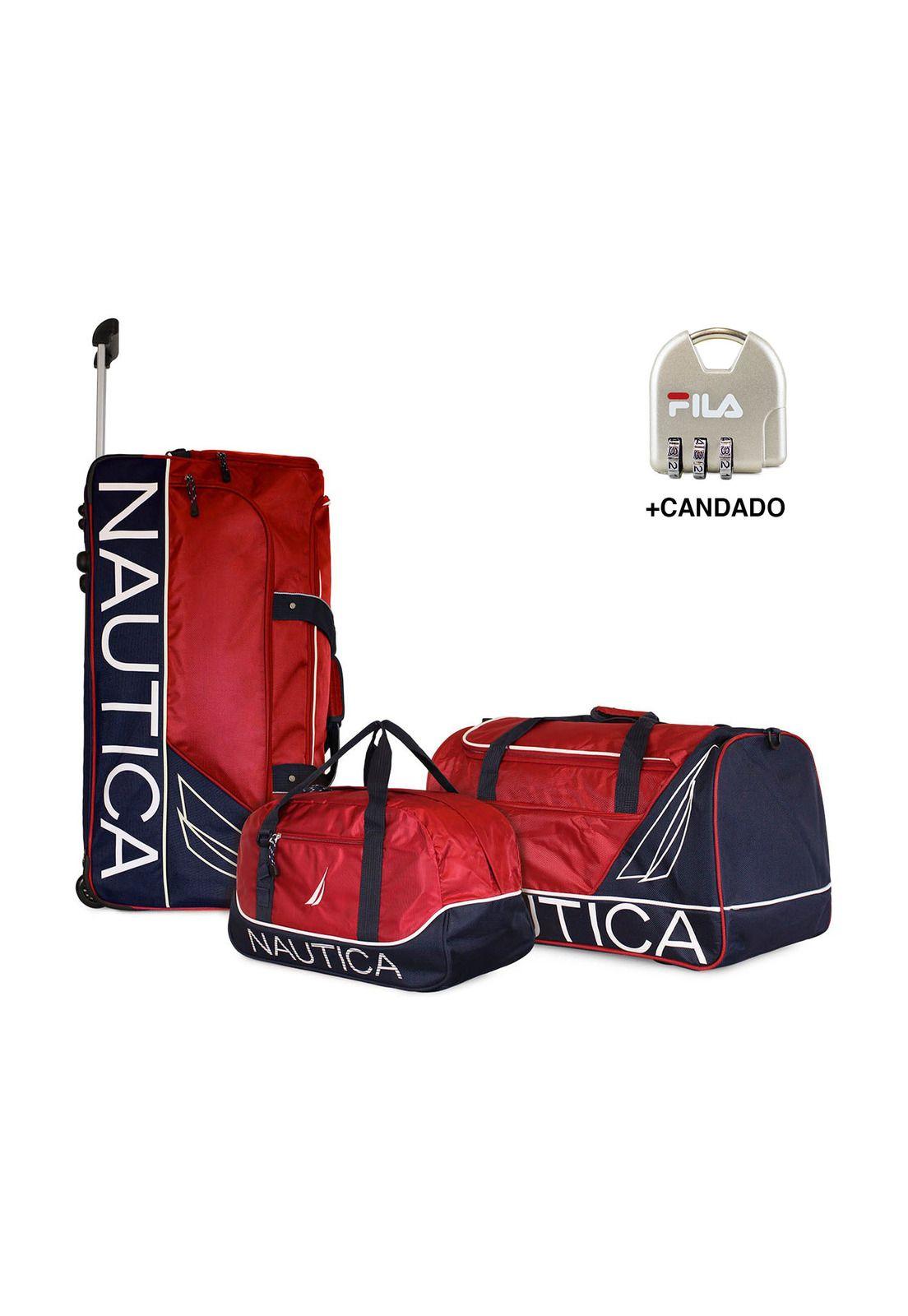 Set 3 Bolsos de Viaje con ruedas Nautica Mannar rojo + Candado-0