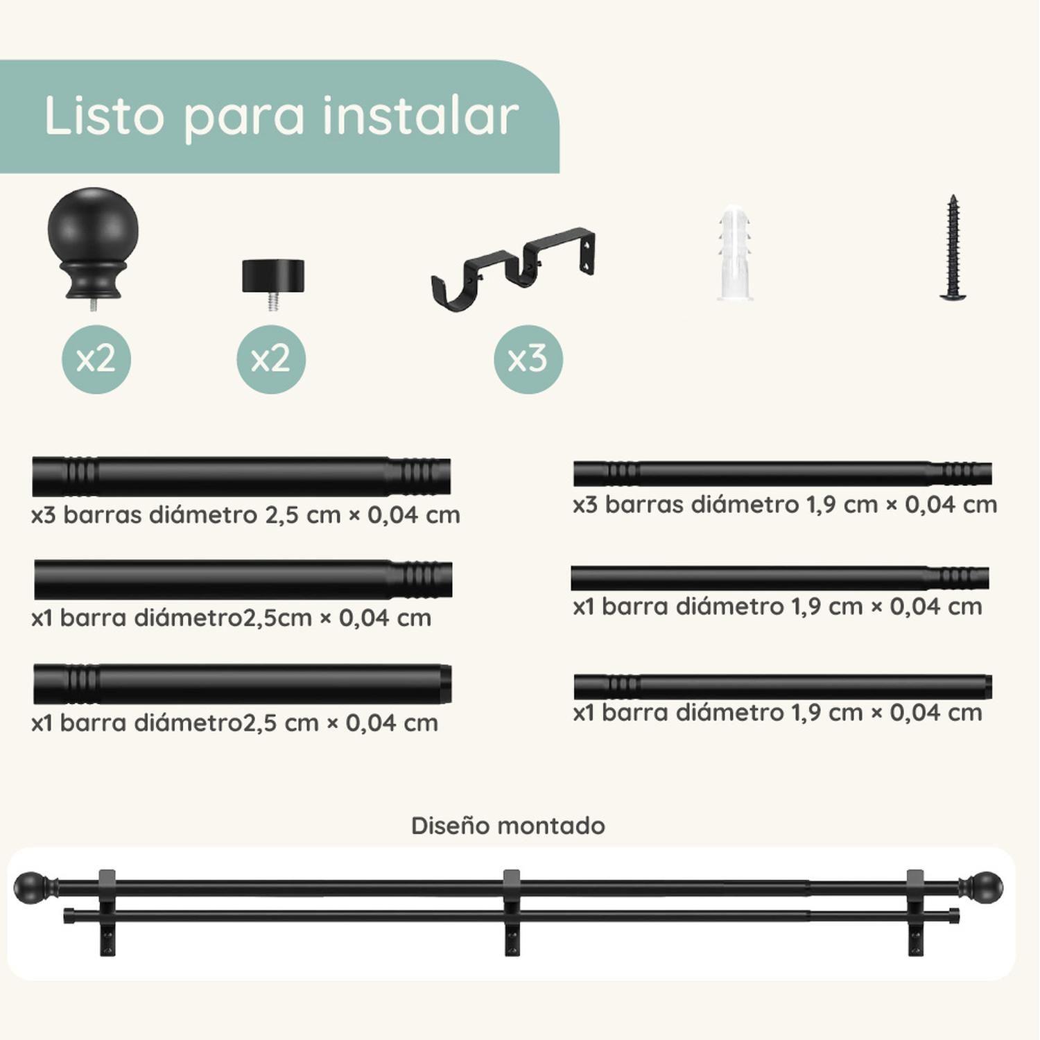 Barra Cortina Doble CasaTua Extensible 80 a 210cm + Soporte-9