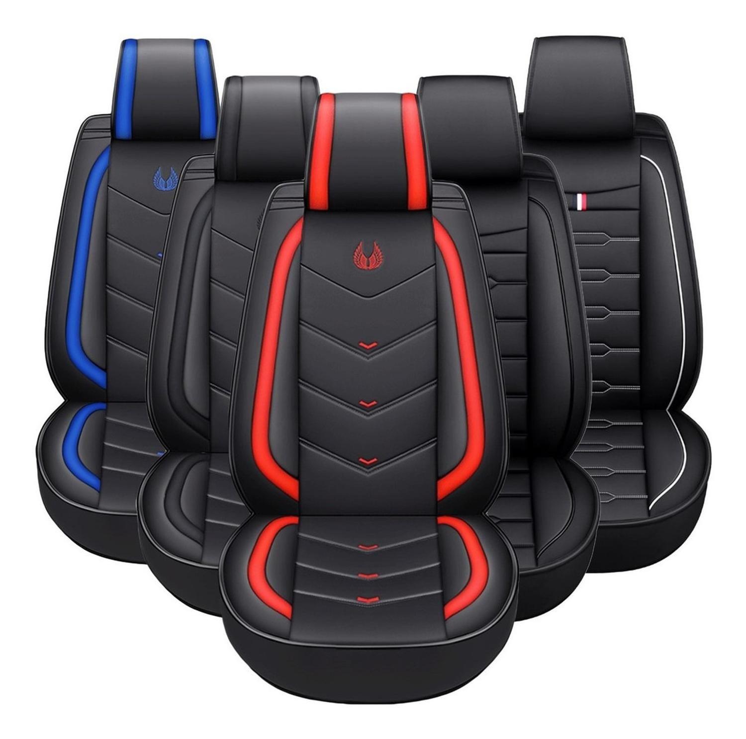 Funda Cubre Asiento Auto Eco-Cuero Set Completo Universal Negro/Rojo-0