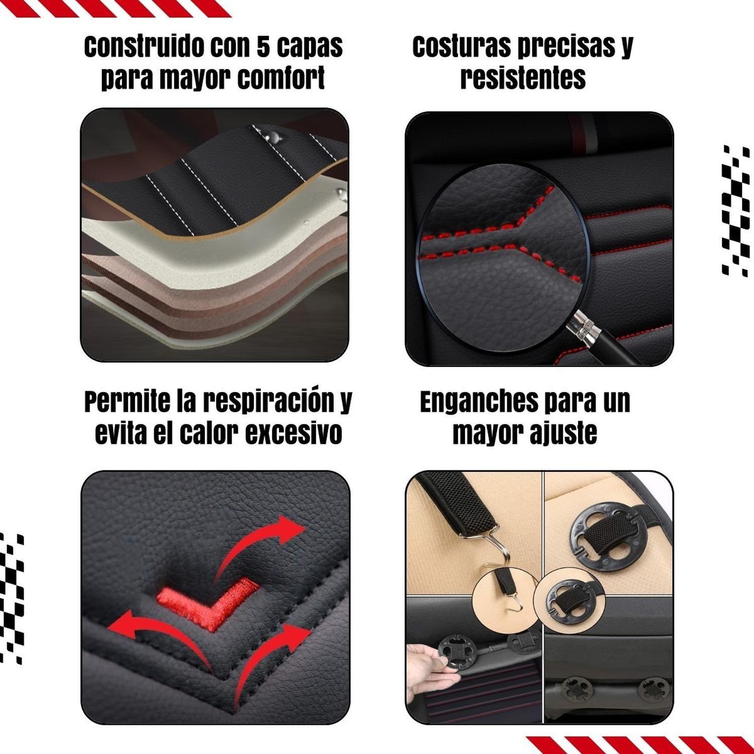 Funda Cubre Asiento Auto Eco-Cuero Set Completo Universal Negro/Rojo-6