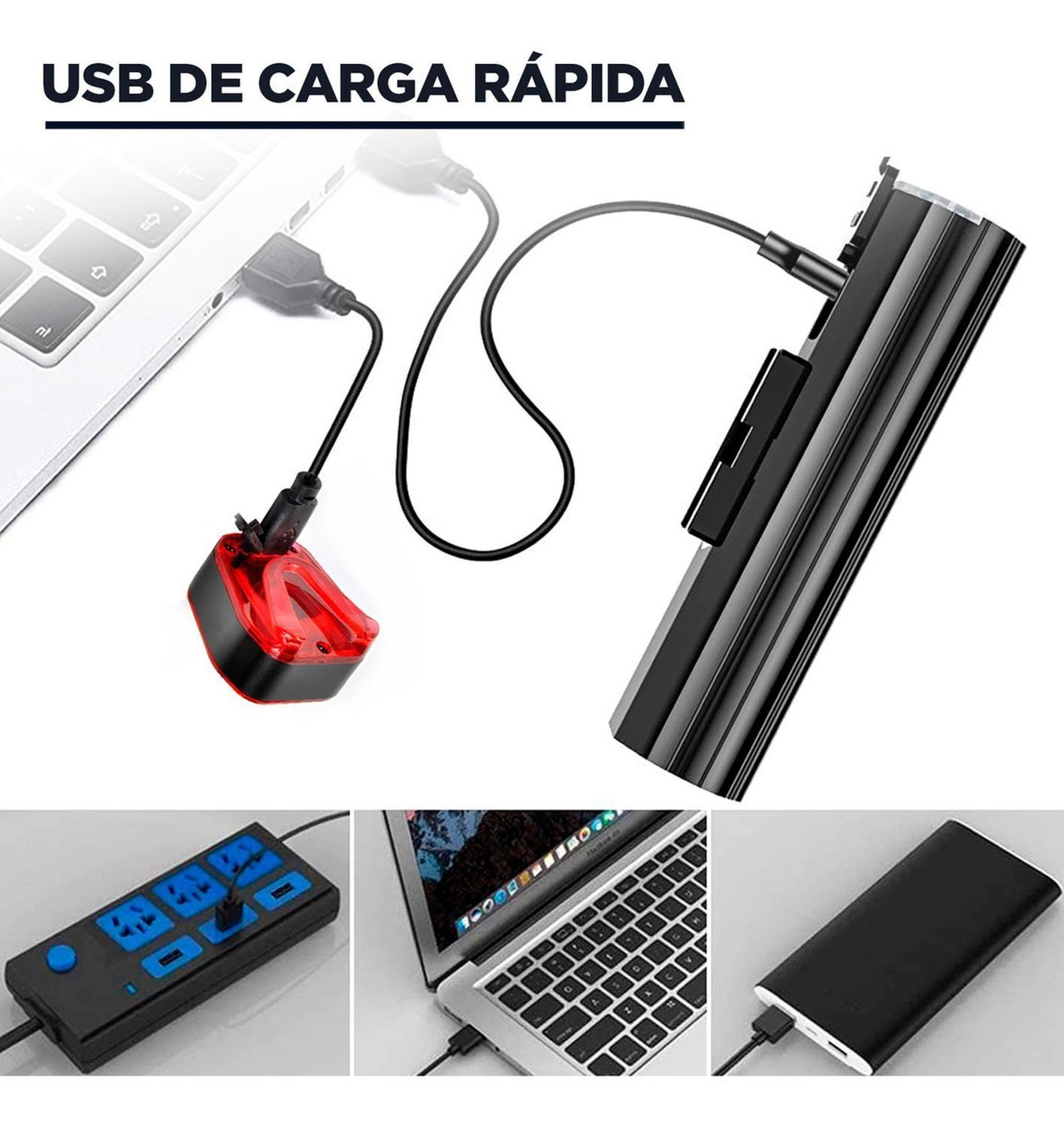 Luz Bicicleta Set Delantera Trasera USB Impermeable Aluminio-6