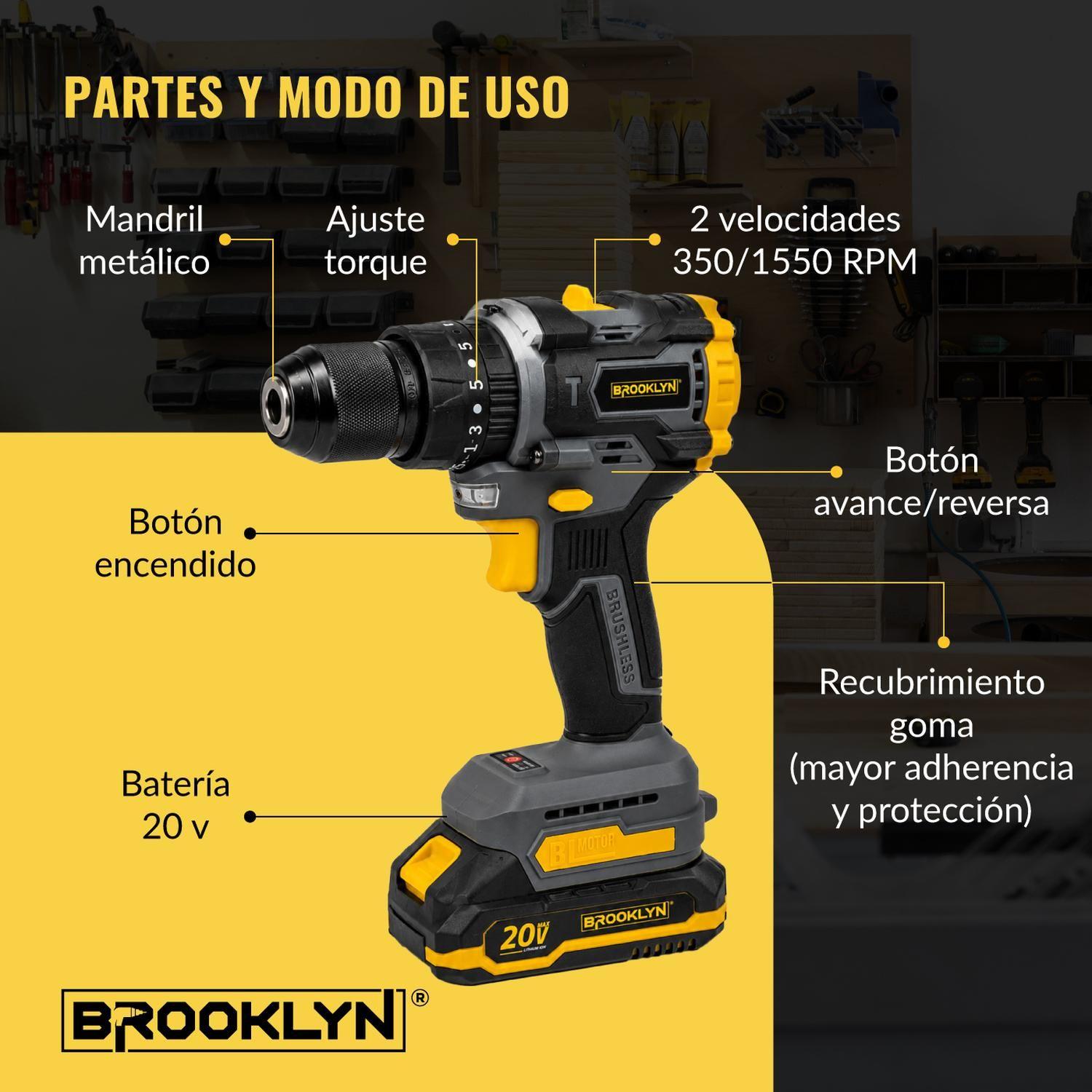 Taladro Inalambrico Percutor Brooklyn Brushless 20v + 2 Bat-8