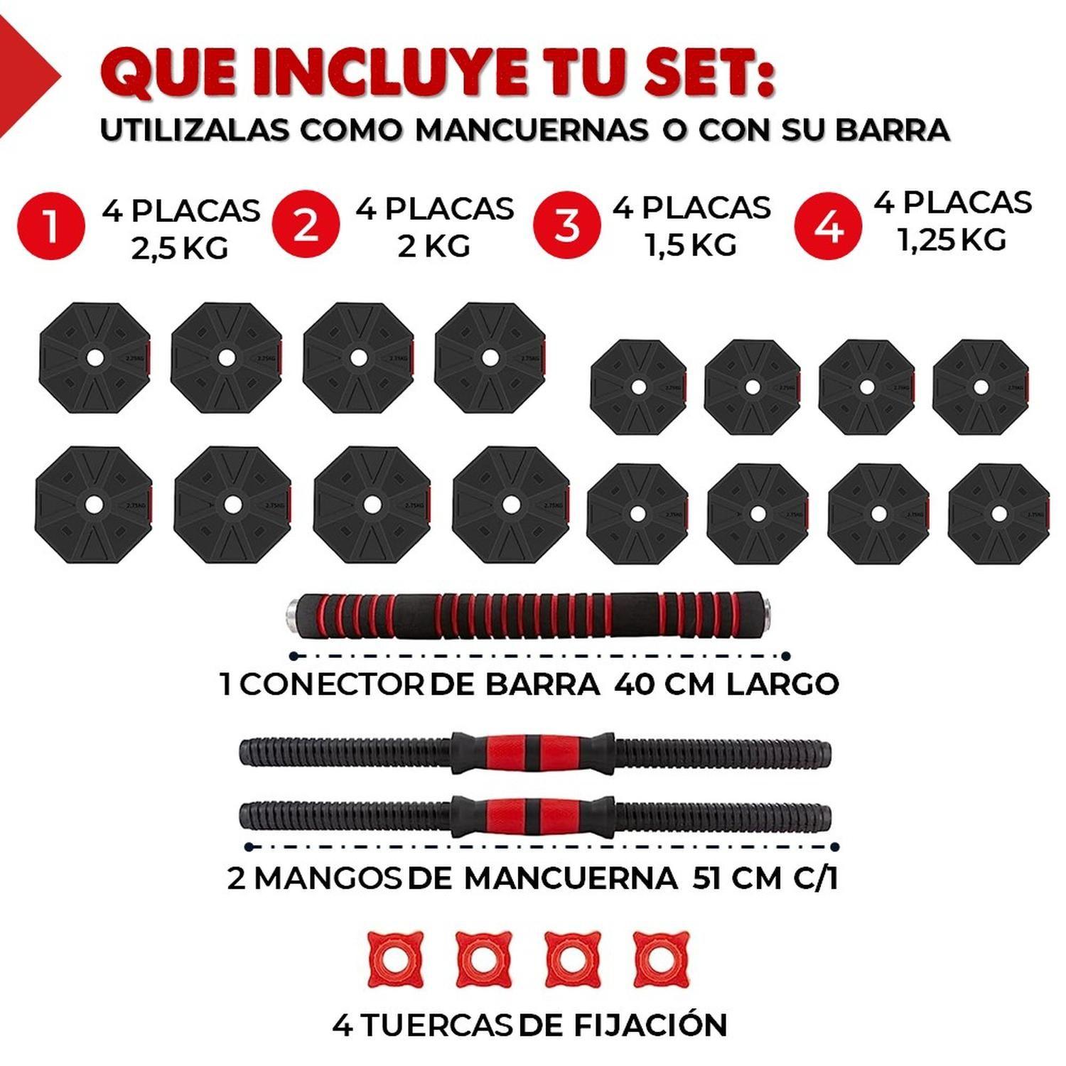 Mancuernas Ajustables Set 30 Kg Total Fitnics Unibles +Barra-1