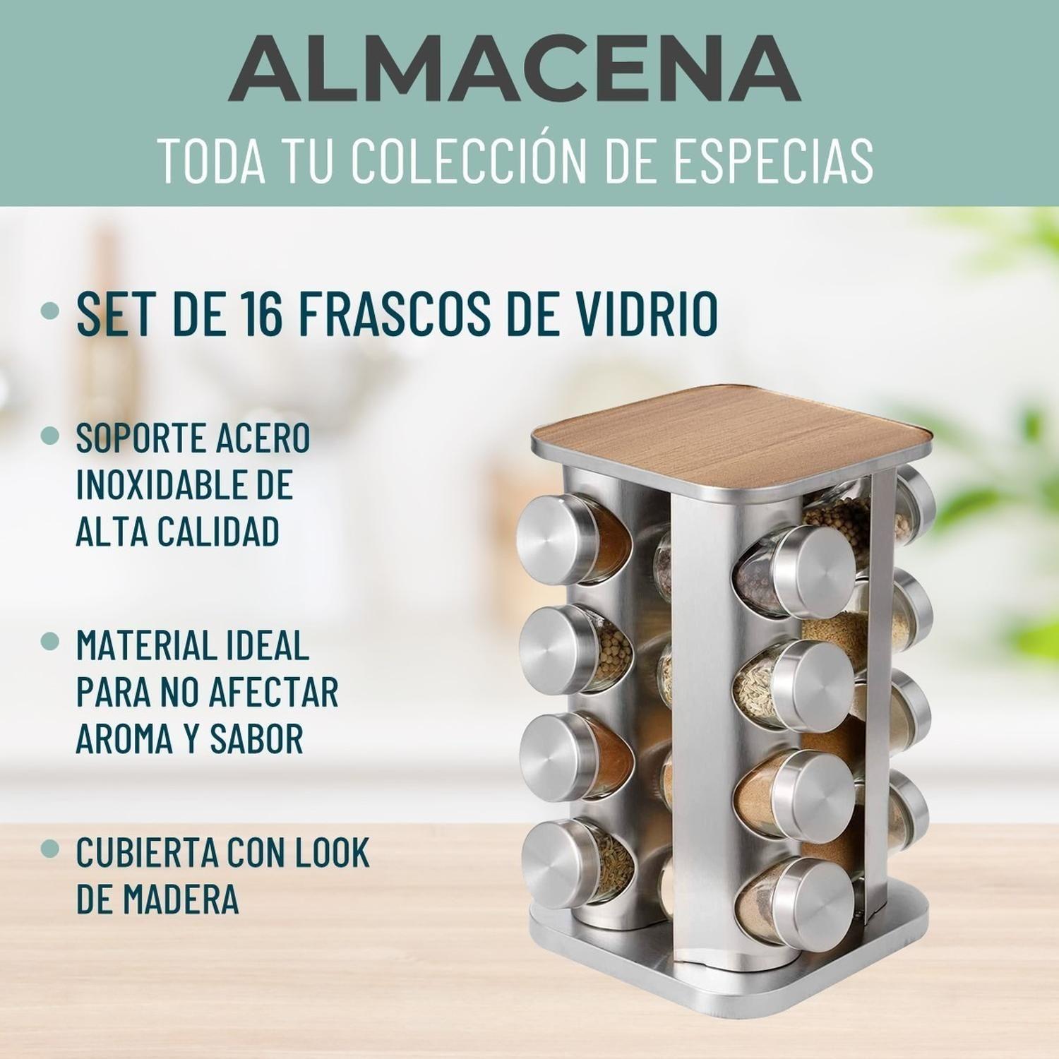 Especiero Cocina 16 Condimentos Giratorio Vidrio Acero Inox-1