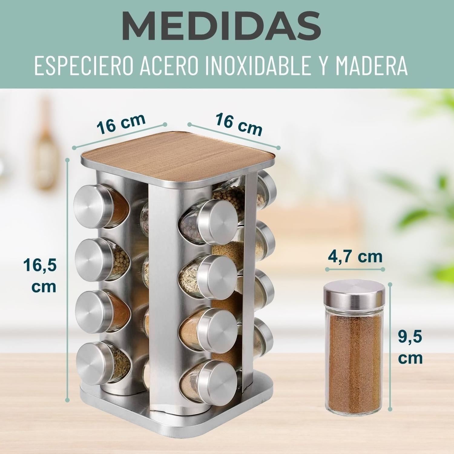 Especiero Cocina 16 Condimentos Giratorio Vidrio Acero Inox-3