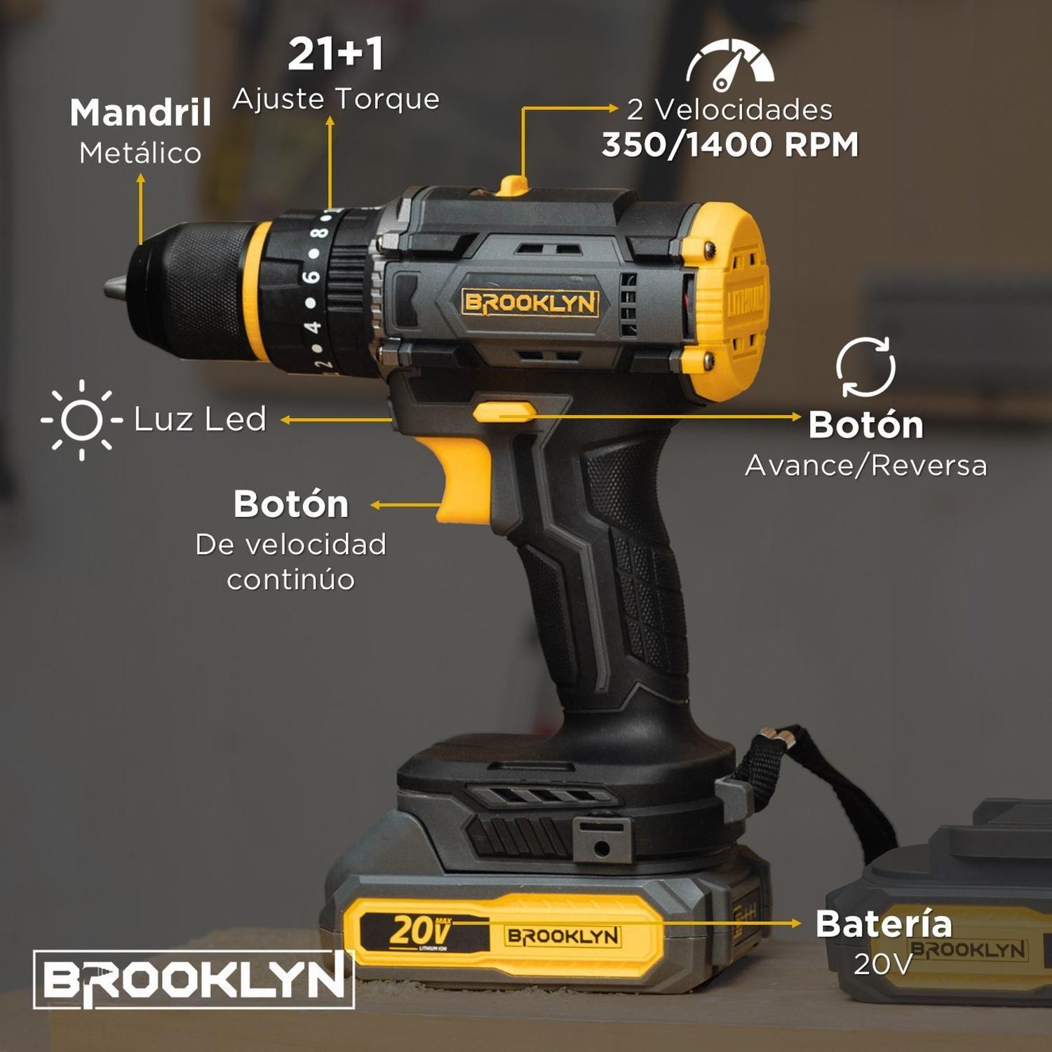 Taladro Destornillador Percutor Inalambrico Brooklyn 20v + 2 Baterías Taladro Percutor-4