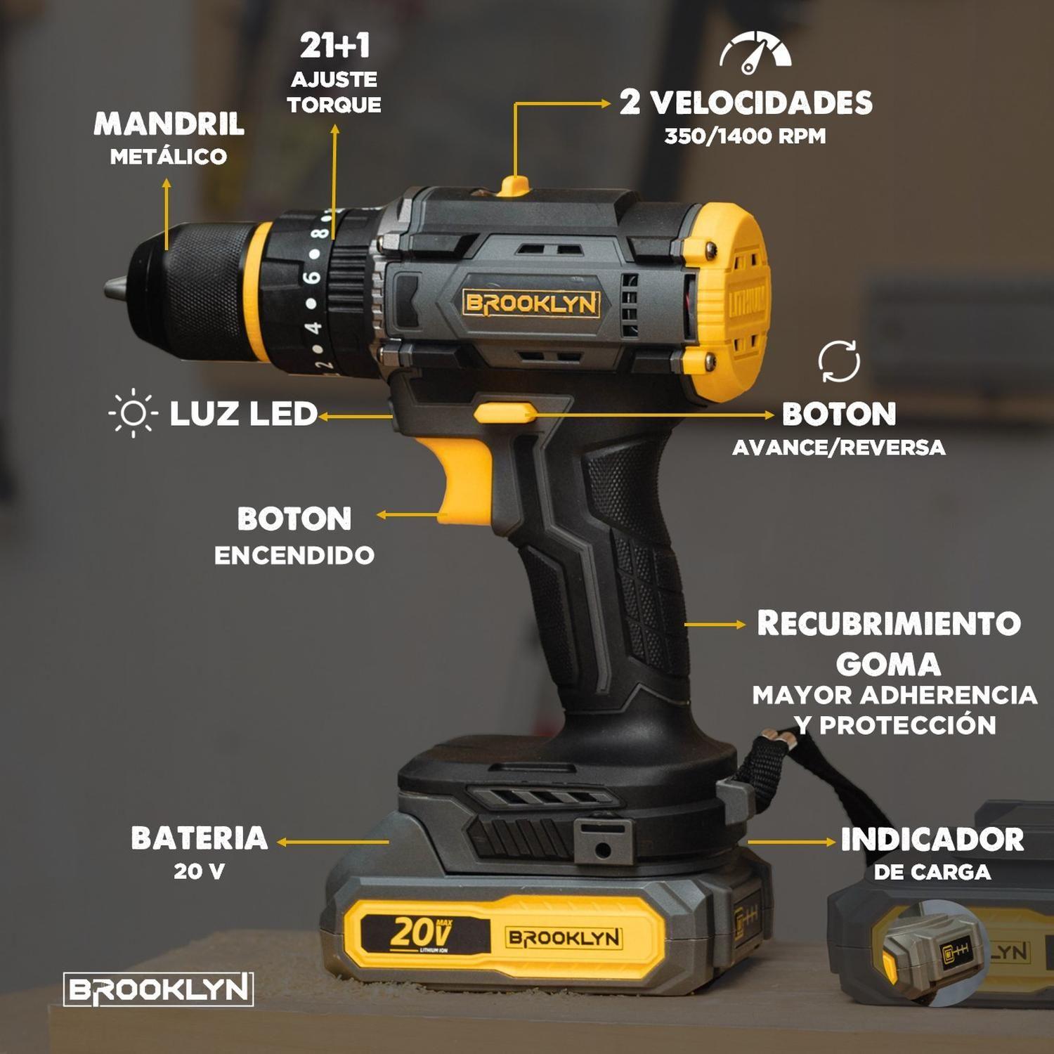 Taladro Destornillador Percutor Inalambrico Brooklyn 20v + 2 Baterías Taladro Percutor-5