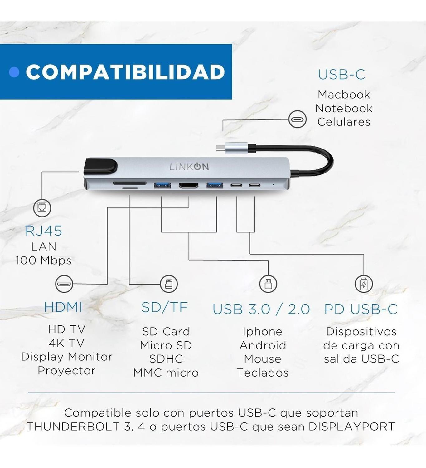 Hub Adaptador Usb Tipo C 8 en 1 Linkon Para Mac Macbook Win-7