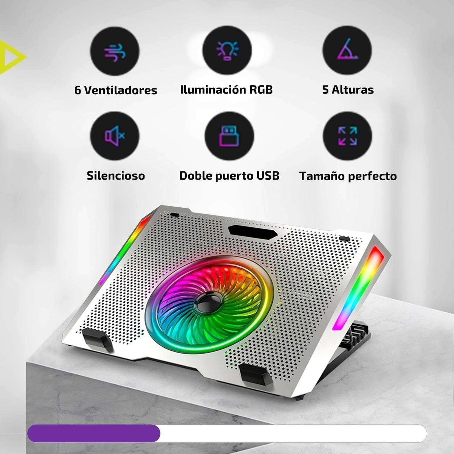 Base Ventilador Notebook Enfriador 5 Fans Rgb Aluminio 2 USB-3