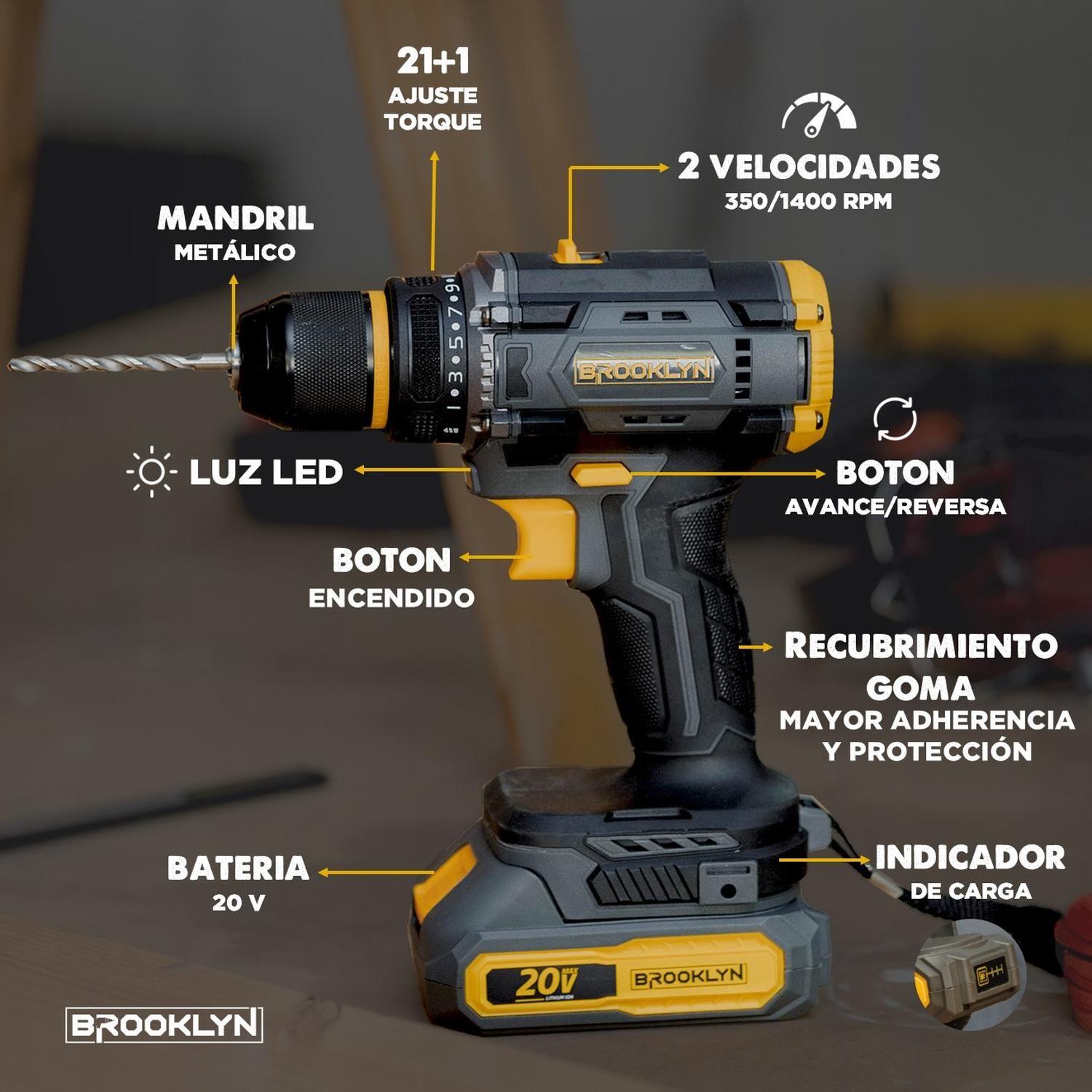 Taladro Destornillador Percutor Inalambrico Brooklyn 20v + 2 Baterías Taladro Atornillador-5