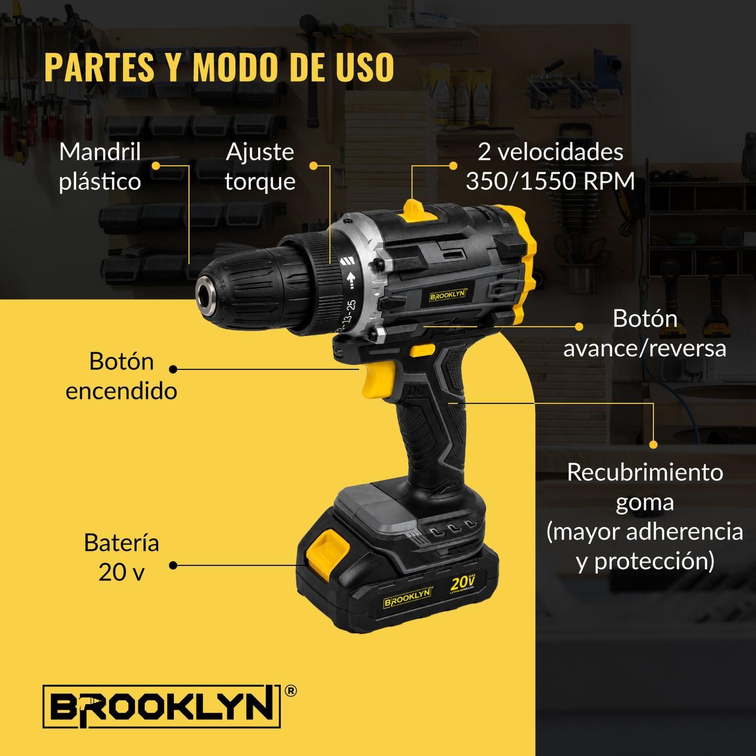 Taladro Destornillador Percutor Inalambrico Brooklyn 20v + 2 Baterías  Atornillador 2 Atornillador-8