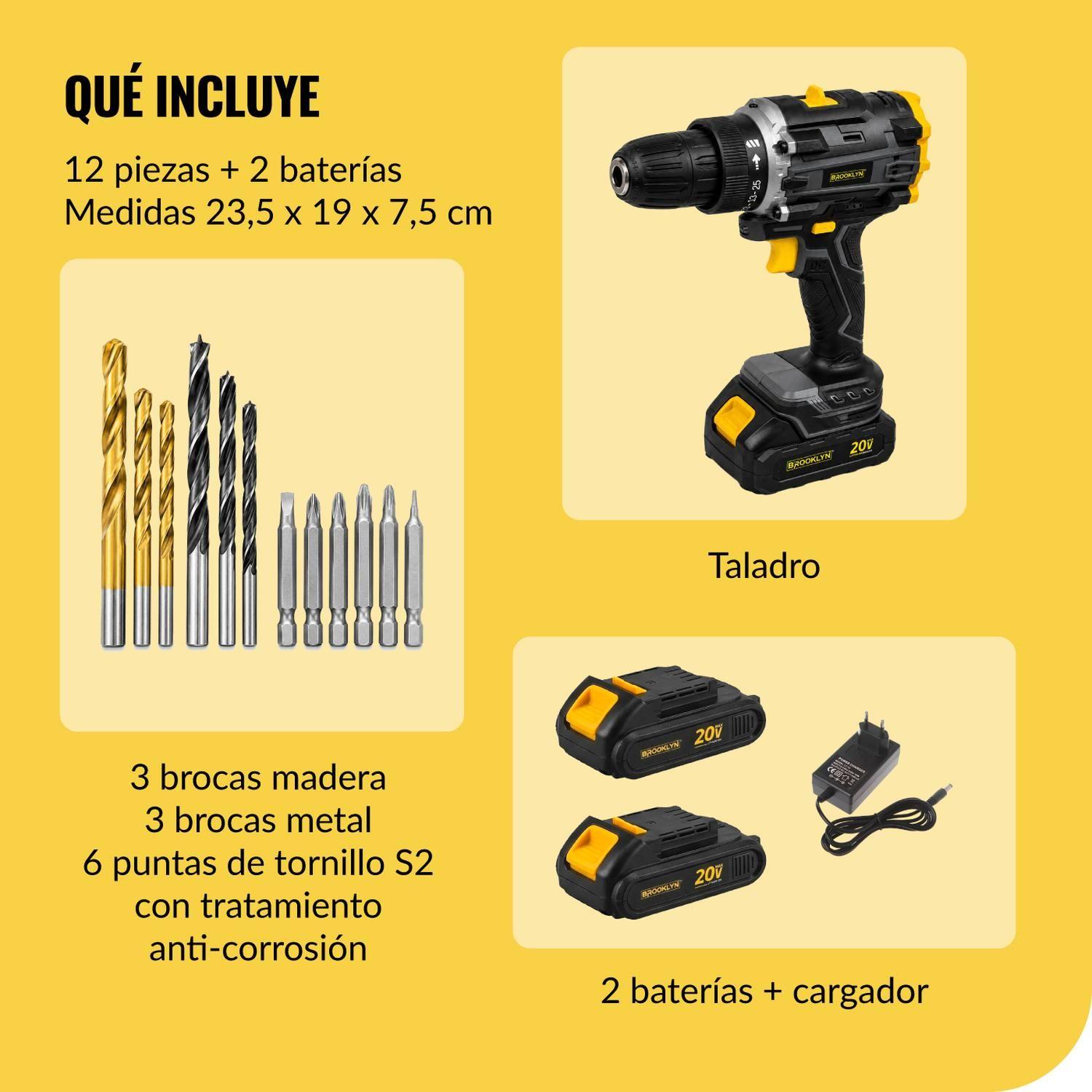 Taladro Destornillador Percutor Inalambrico Brooklyn 20v + 2 Baterías  Atornillador 2 Atornillador-9